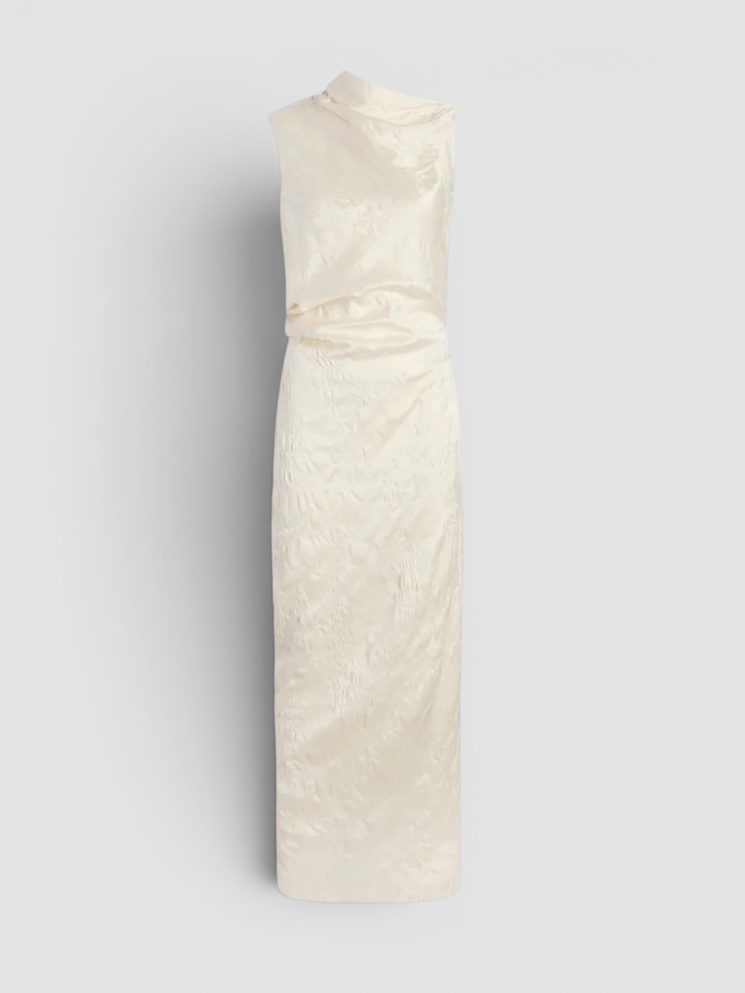 Marina Moscone Satin Jacquard Asymmetric Drape Column Dress in white, worn with Love Adorned Vintage Mixed Cut Diamond Signet Ring, Spinelli Kilcollin Aquarius Ring, Phoebe Philo Gathered Ballet Flat. Styled by Sharon Lombardo for FDV Concierge.