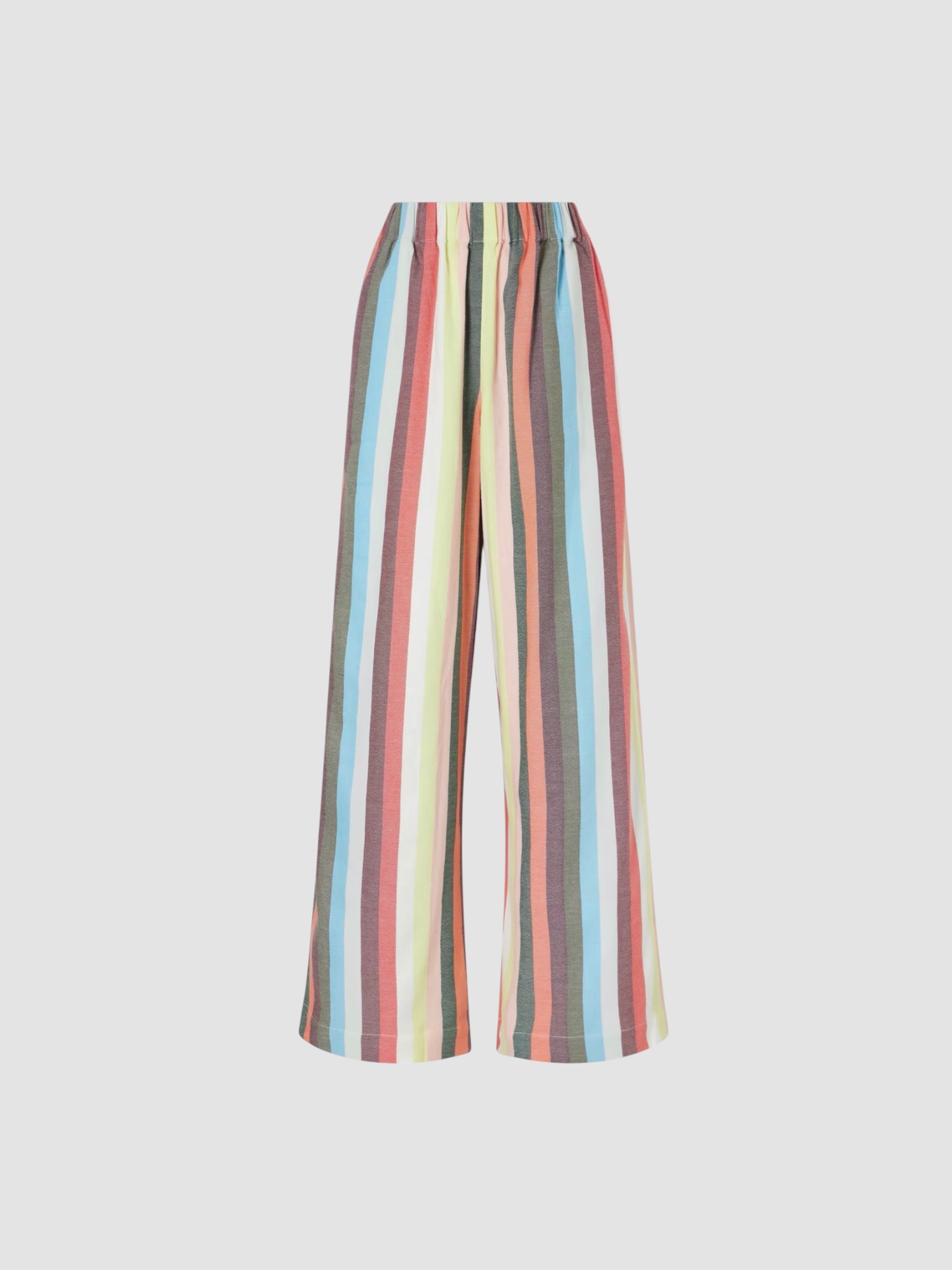 Marrakshi Life The Palazzo Striped Cotton Wide-Leg Pants in multi stripe, worn with Marrakshi Life The Oversized Striped Cotton-Poplin Shirt, Bottega Veneta Sampieri Flat Thong, Prada Noué Medium Cotton Macramé Bag, Dries Van Noten Oval Sunglasses, on the water. Styled by Sharon Lombardo for FDV Concierge.