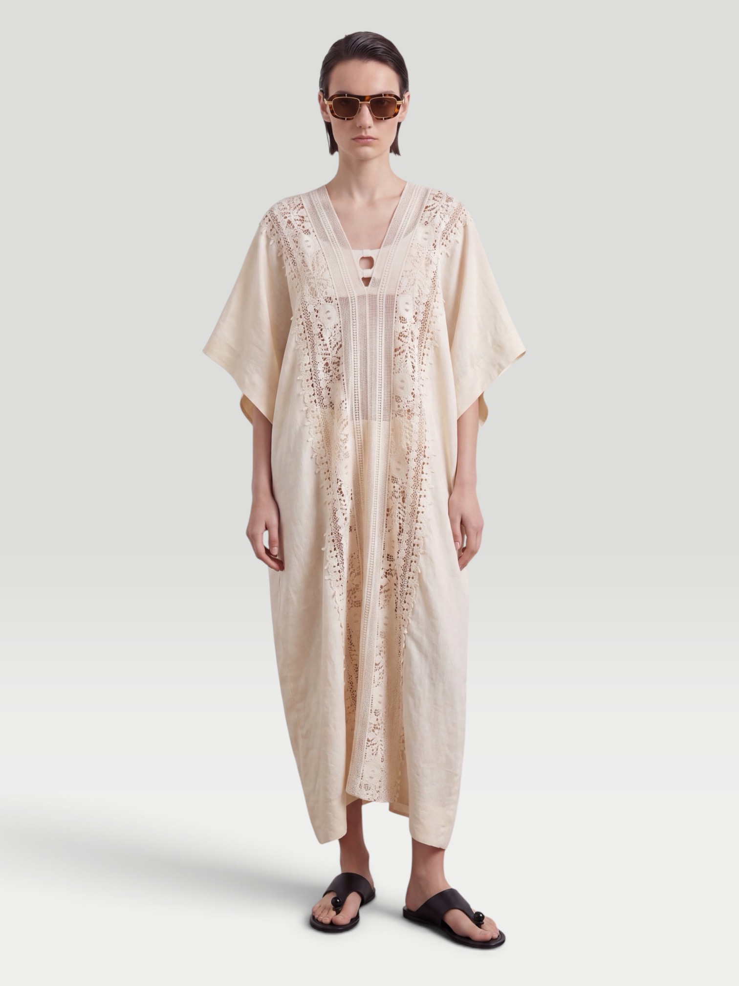 Miguelina Brea Floral-Embroidered Linen Coverup in cream. Styled by Sharon Lombardo for FDV Concierge.