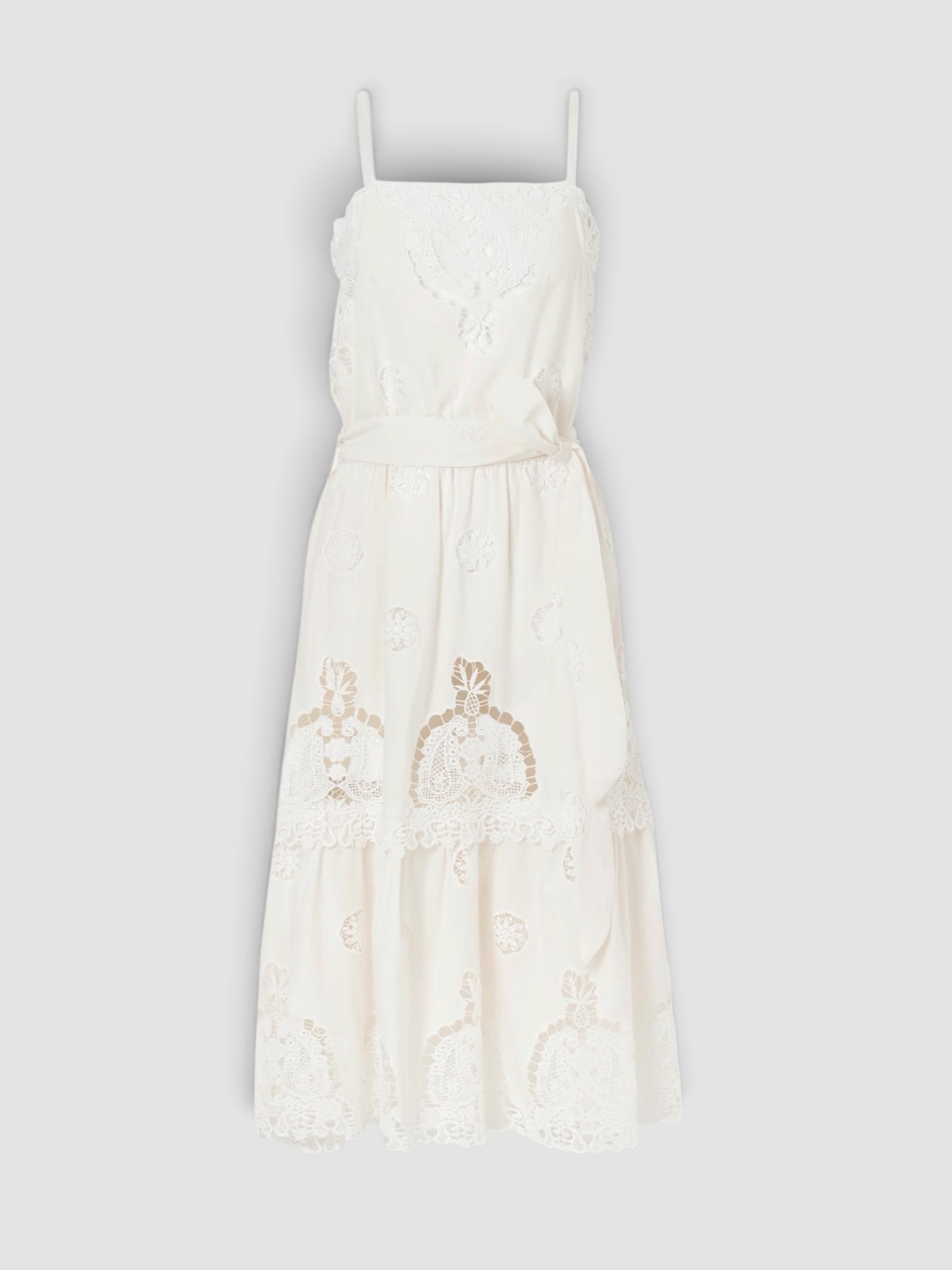 Miguelina Esme Belted Guipure Lace-Trimmed Cotton-Blend Midi Dress in cream. Styled by Sharon Lombardo for FDV Concierge.