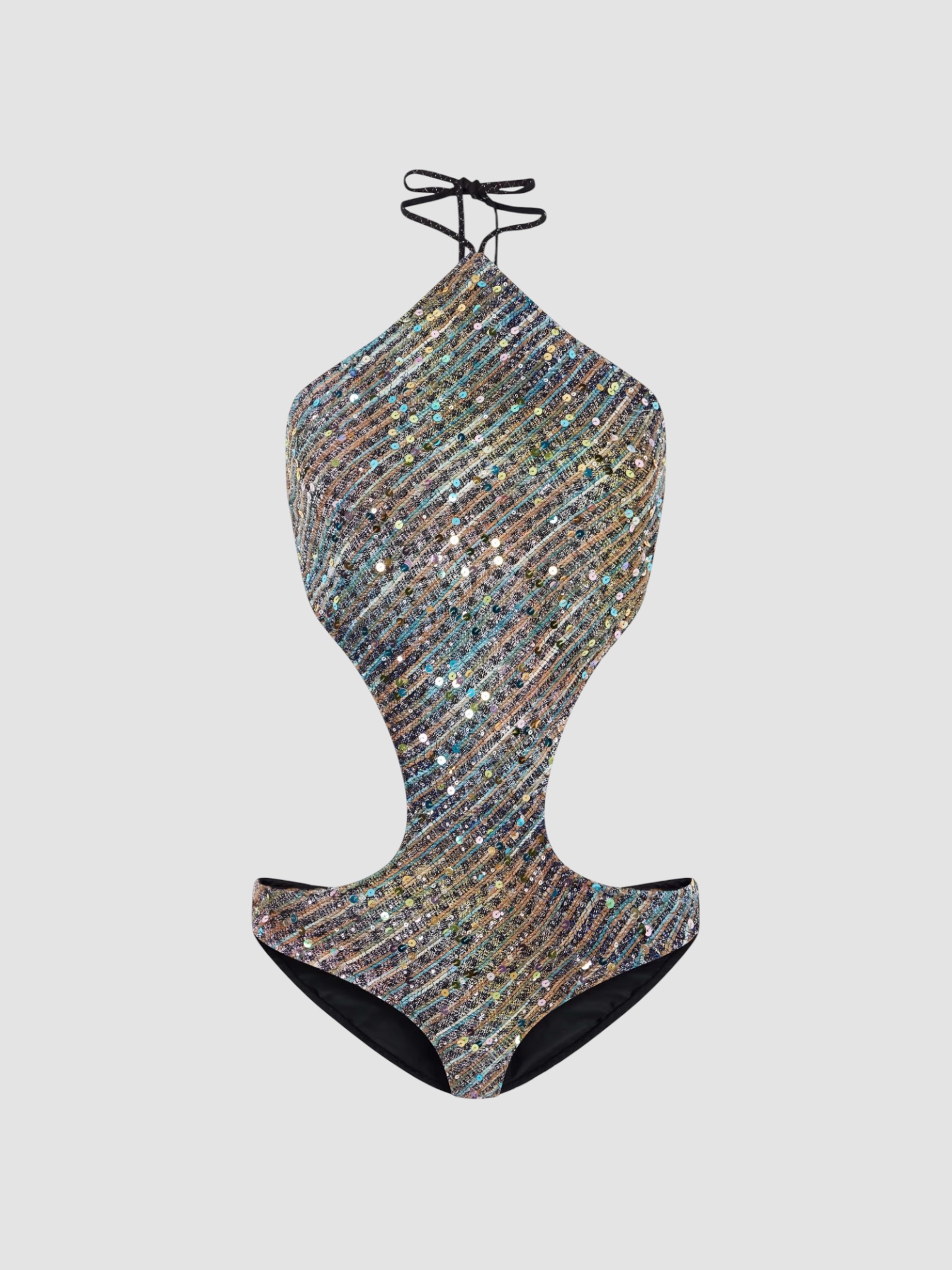 Missoni Cut-Out Sequin-Embellished Striped Metallic Cotton-Blend Halterneck Swimsuit in blue. Styled by Sharon Lombardo for FDV Concierge.