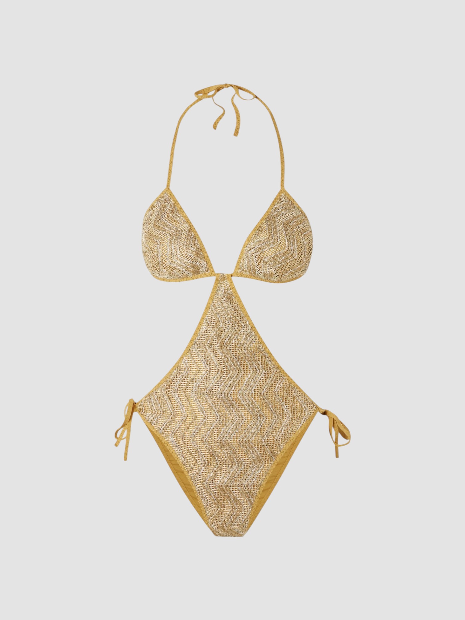 Missoni Mare Cutout Sequin-Embellished Striped Metallic Crochet-Knit Swimsuit in gold. Styled by Sharon Lombardo for FDV Concierge.