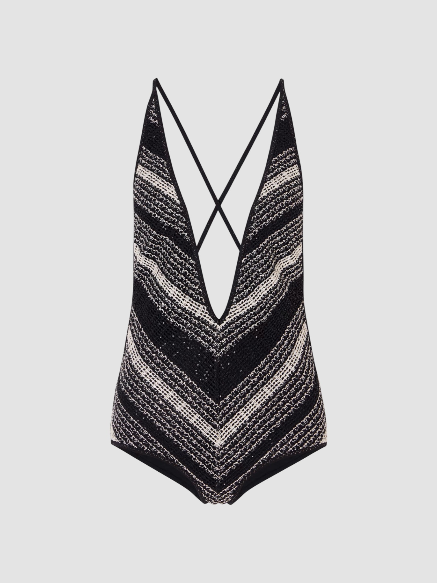 Missoni Striped Metallic Crochet-Knit One-Piece in black. Styled by Sharon Lombardo for FDV Concierge.
