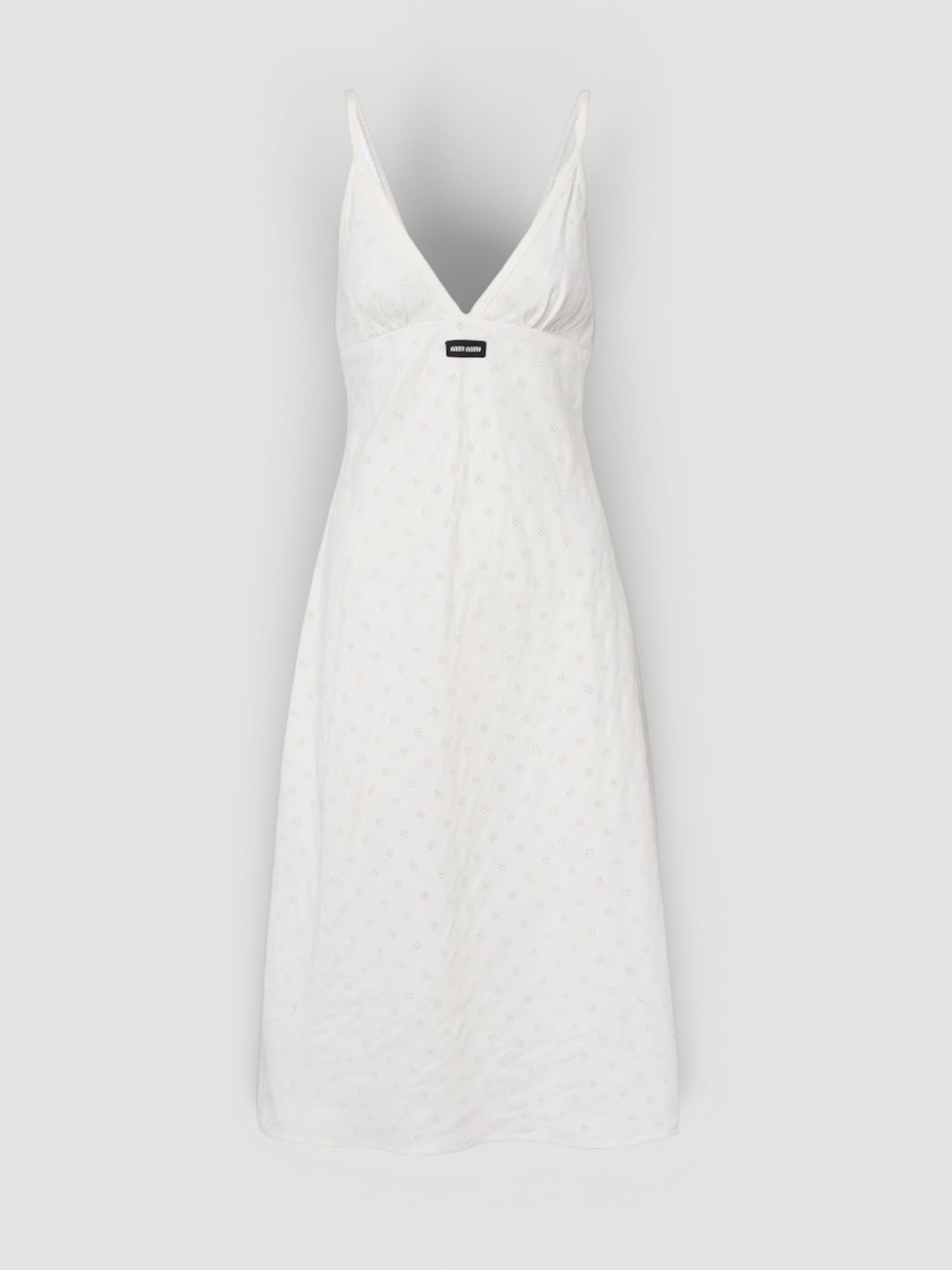 Miu Miu Broderie Anglaise Poplin Midi Dress in bianco. Styled by Sharon Lombardo for FDV Concierge.
