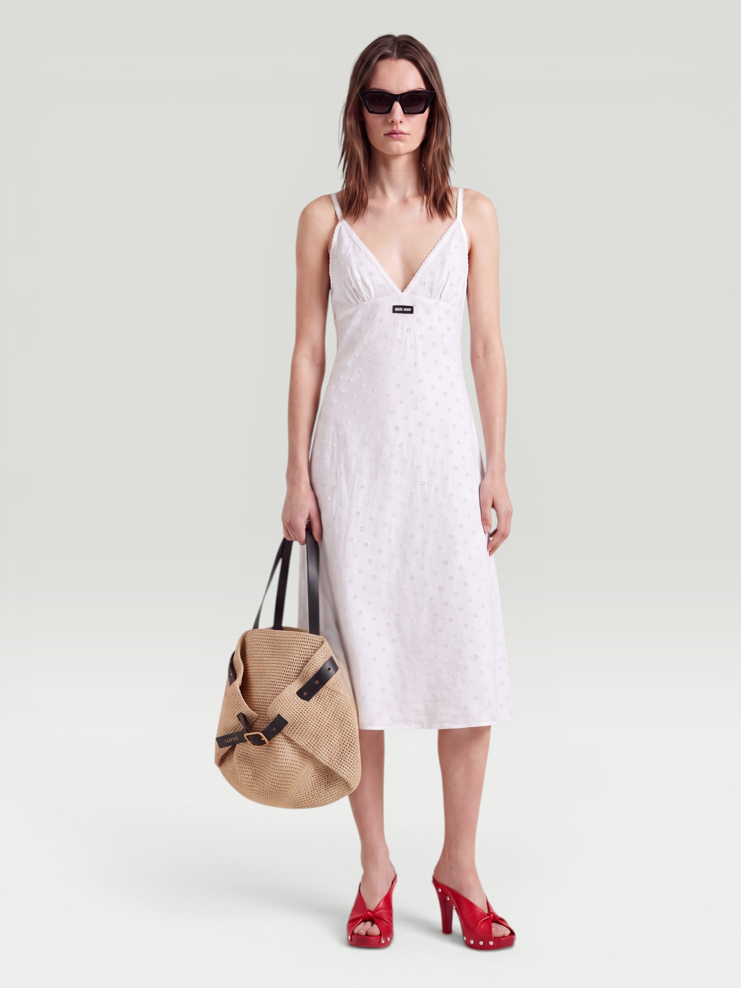 Miu Miu Broderie Anglaise Poplin Midi Dress in bianco. Styled by Sharon Lombardo for FDV Concierge.