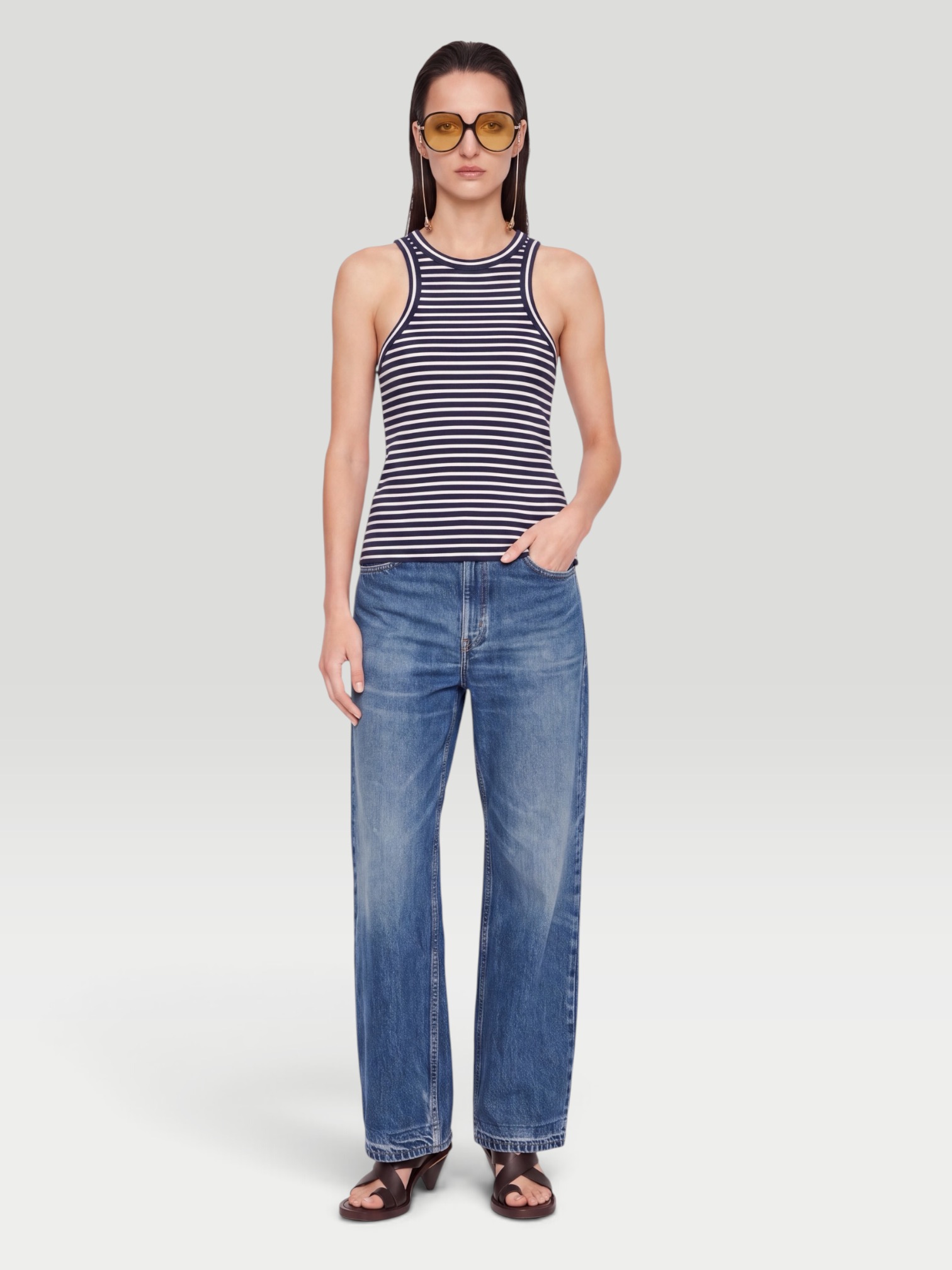 Nili Lotan Hank Striped Cotton Tank in navy. Styled by Sharon Lombardo for FDV Concierge.