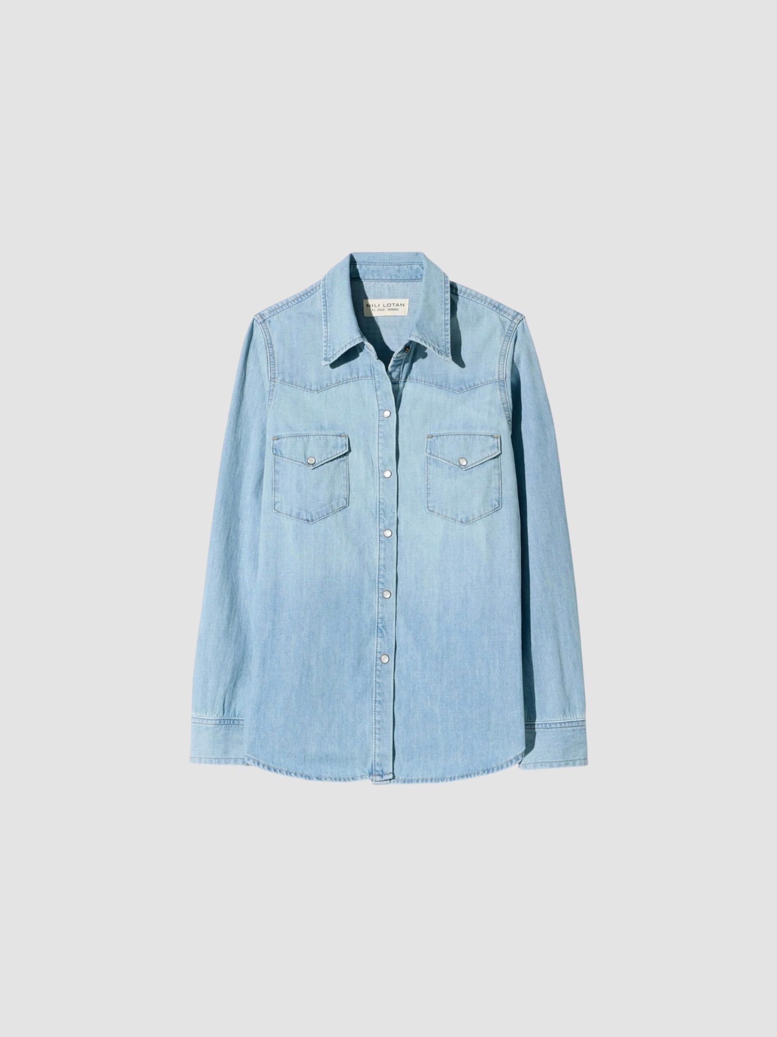 Nili Lotan Travis Shirt in light wash. Styled by Sharon Lombardo for FDV Concierge.