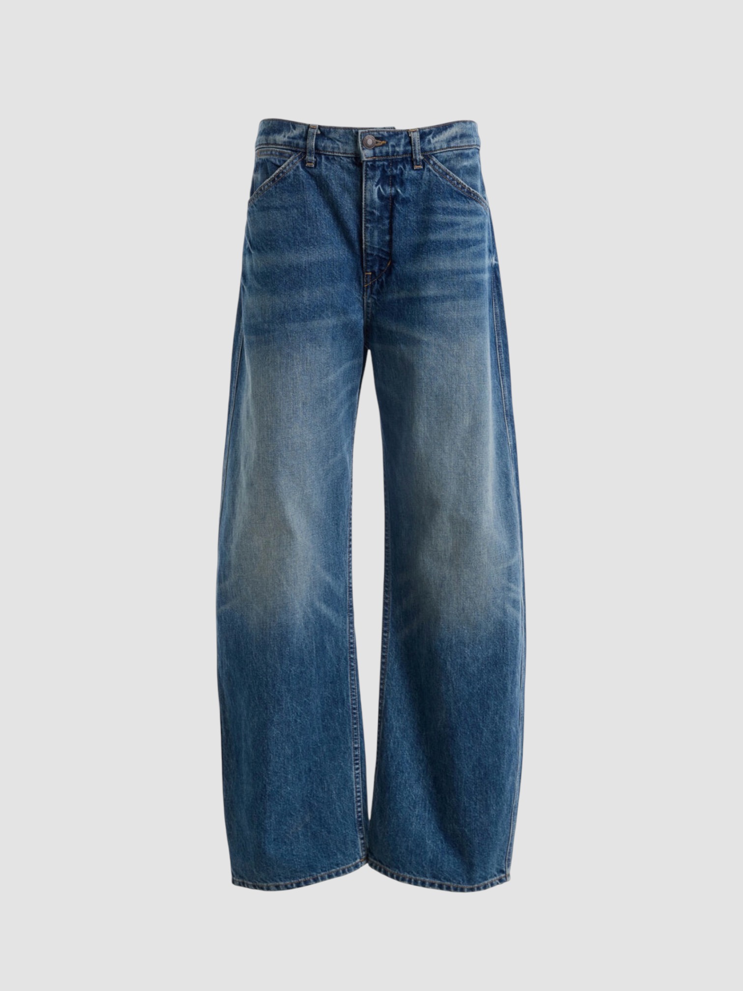 Nili Lotan Tribeca Stretch Mid-Rise Barrel-Leg Jeans in blue. Styled by Sharon Lombardo for FDV Concierge.