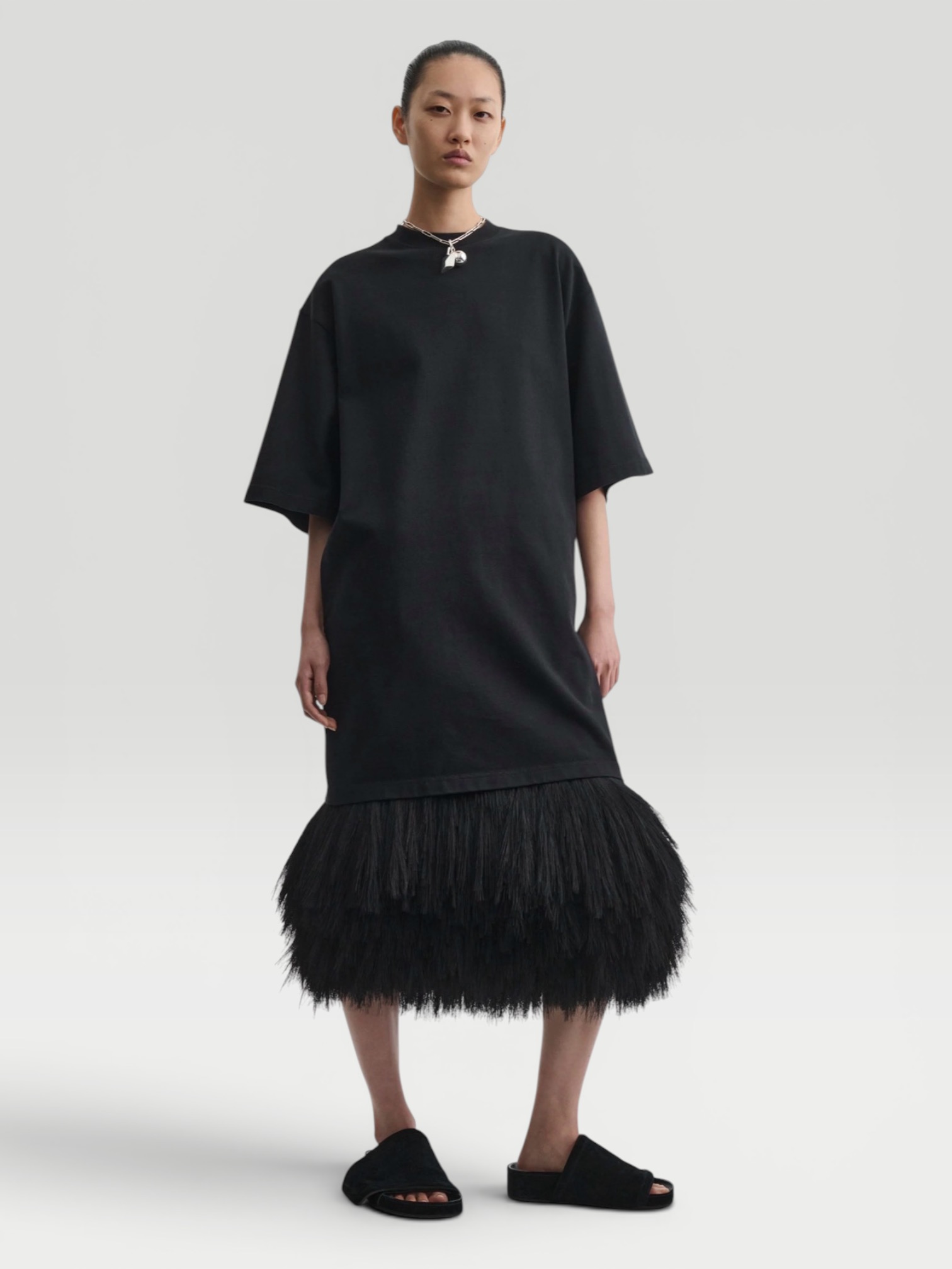 Phoebe Philo Fringed Silk-Satin Midi Skirt in black. Styled by Sharon Lombardo for FDV Concierge.