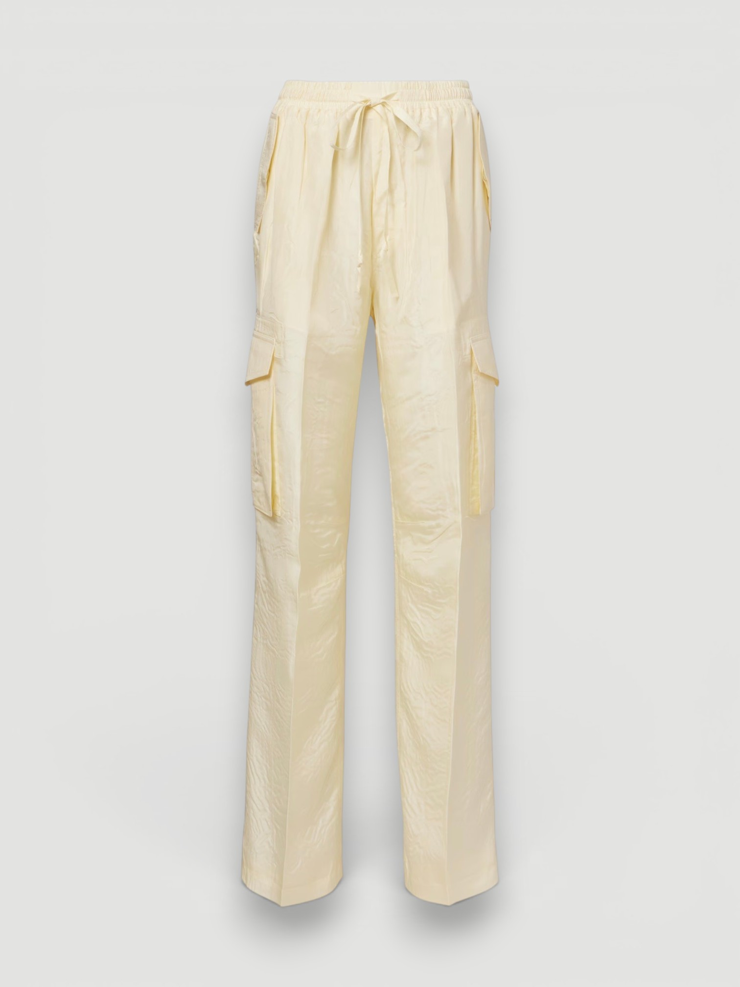 Phoebe Philo Silk Cargo Pants in vanilla, worn with Phoebe Philo Silk Shirt, Phoebe Philo Suede Sandals, Phoebe Philo Gold Studded Hoops. Styled by Sharon Lombardo for FDV Concierge.