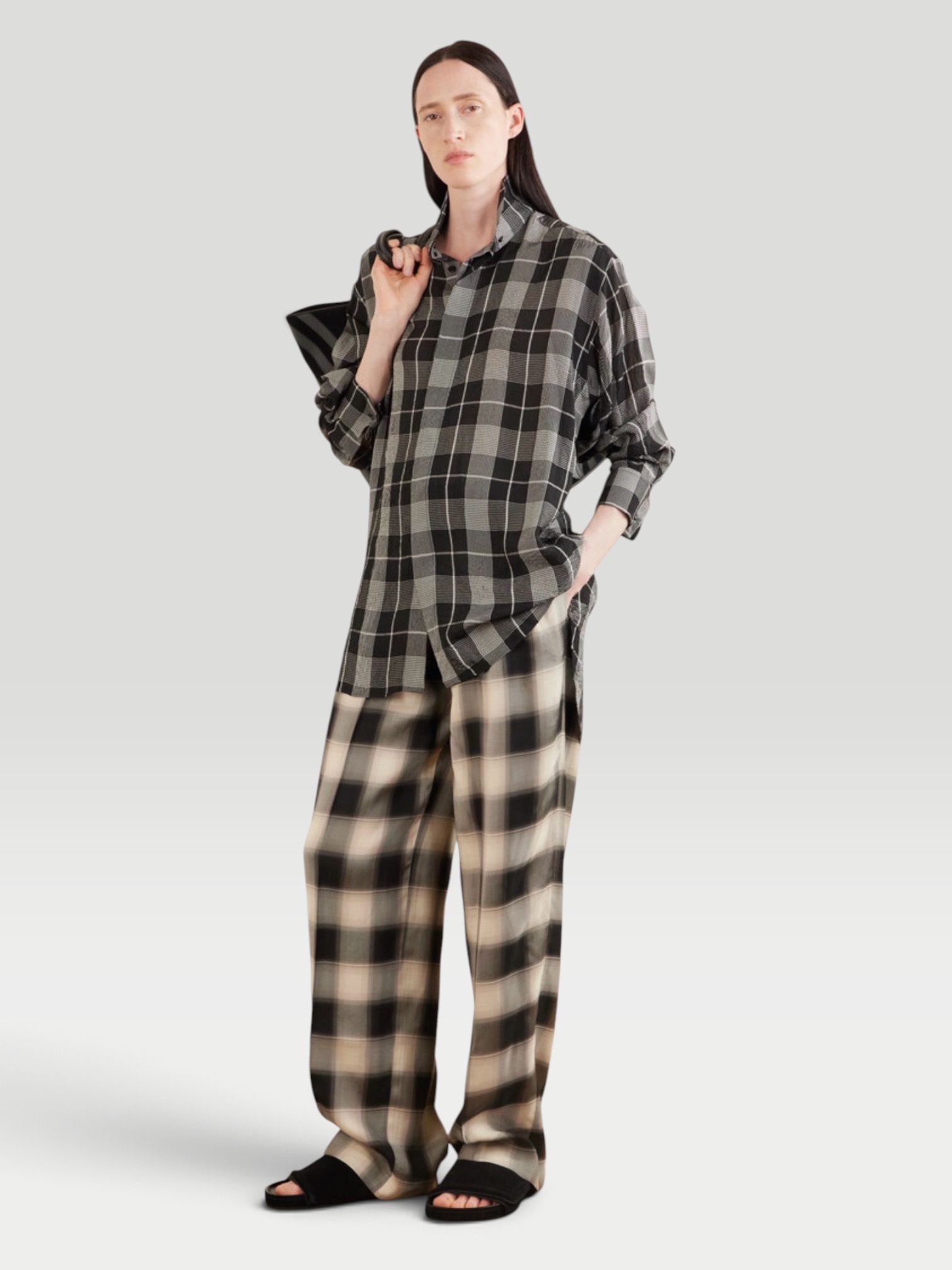 Phoebe Philo Checked Twill Shirt in black/white, worn with Phoebe Philo Checked Wide-Leg Pants. Styled by Sharon Lombardo for FDV Concierge.