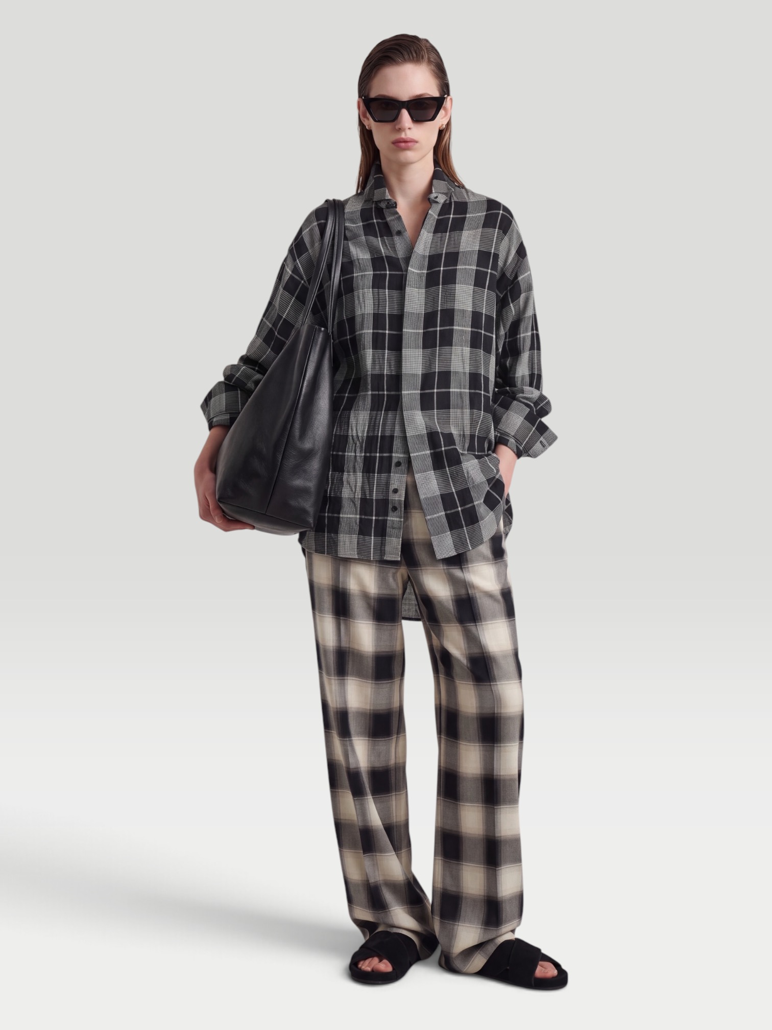Phoebe Philo Checked Wide-Leg Pants in black/cream, worn with Phoebe Philo Checked Twill Shirt. Styled by Sharon Lombardo for FDV Concierge.