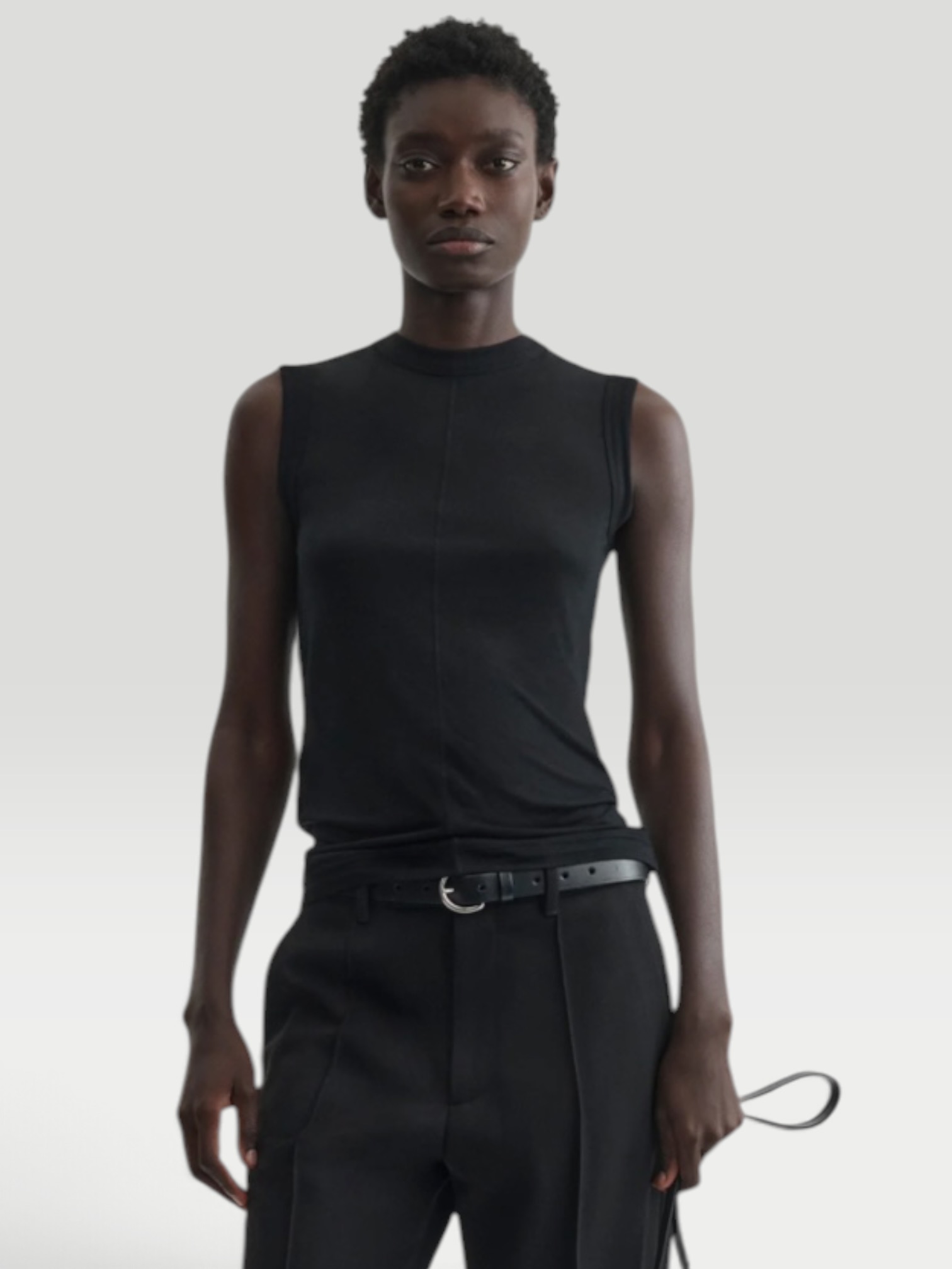 Phoebe Philo Cotton Tank Top in black. Styled by Sharon Lombardo for FDV Concierge.