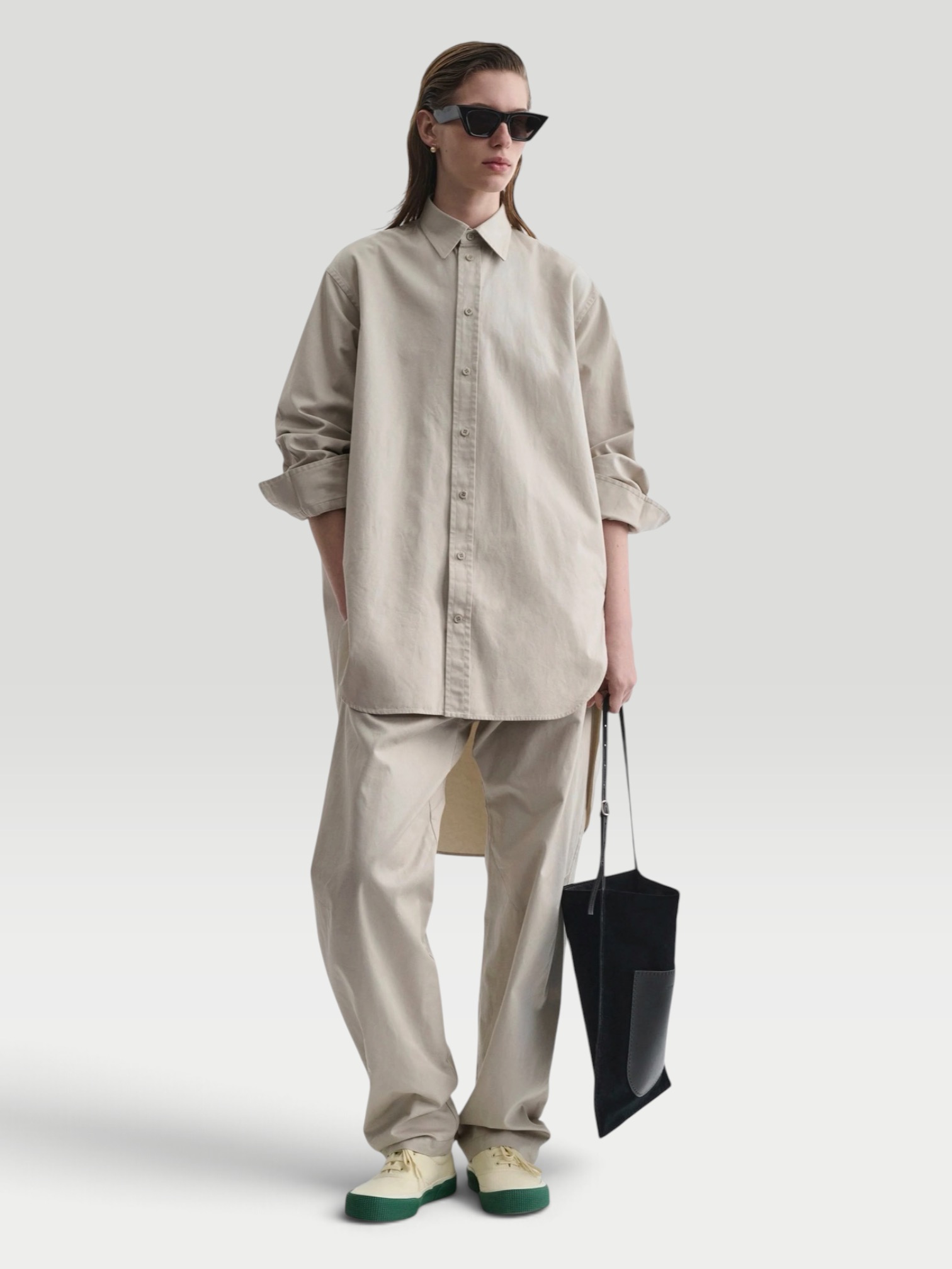 Phoebe Philo Cotton Wide-Leg Pants in beige. Styled by Sharon Lombardo for FDV Concierge.