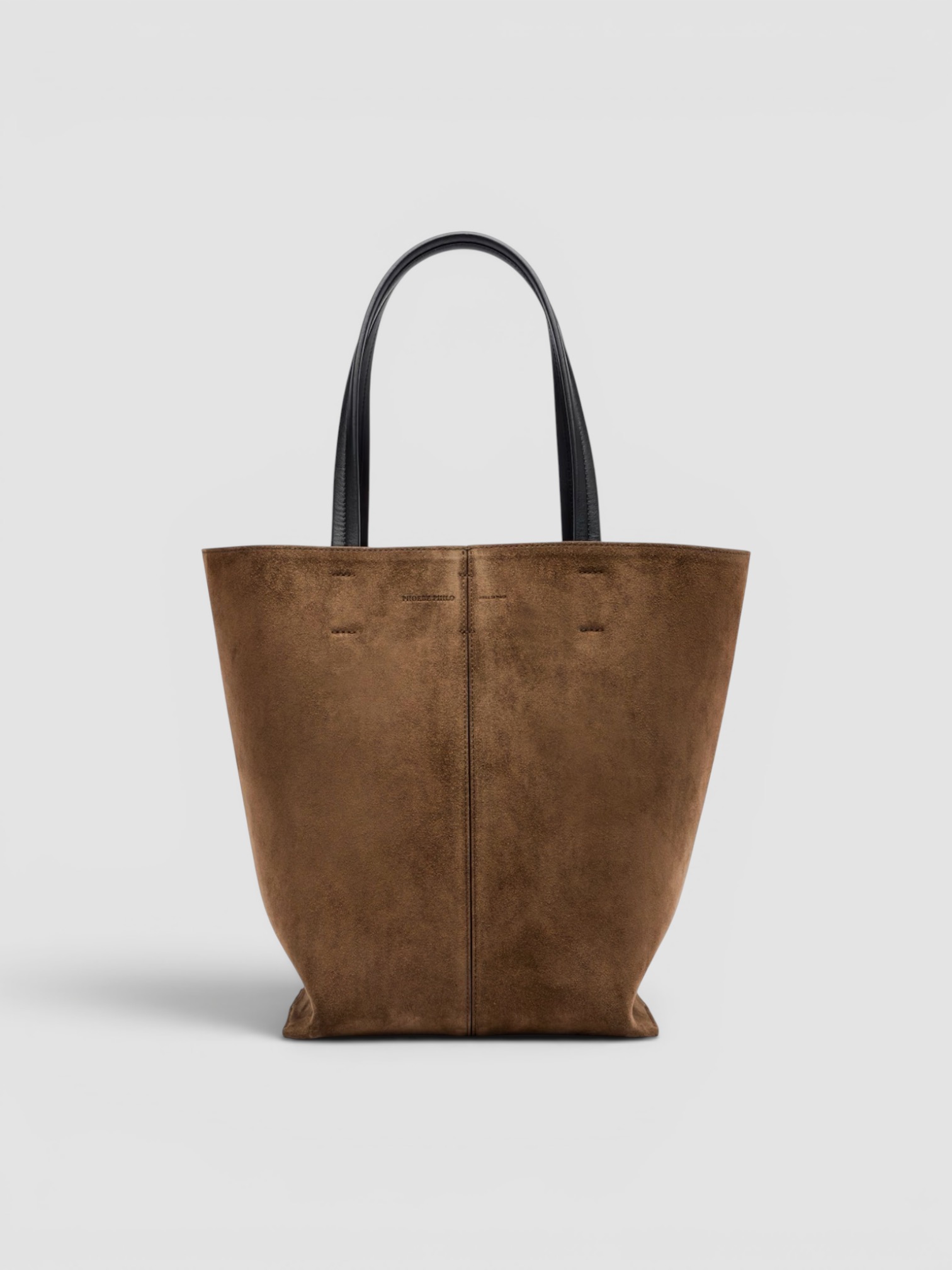 Phoebe Philo Pot Cabas Suede Tote Bag in brown, worn with Phoebe Philo Fringed Trousers, Phoebe Philo BIG T, Birkenstock Birkenstock Franca, Dries Van Noten Oval Sunglasses, the day. Styled by Sharon Lombardo for FDV Concierge.