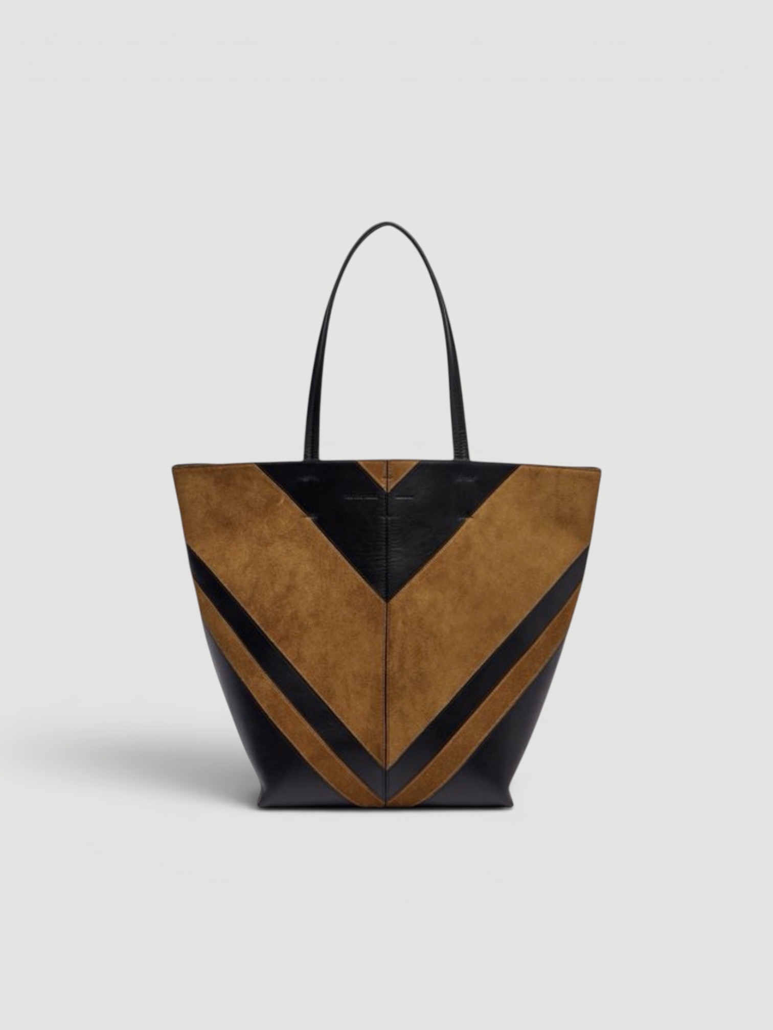 Phoebe Philo Pot Cabas Suede and Leather Tote Bag in black toffee silver, worn with Jil Sander Long-Sleeved Collared Shirt, Jil Sander Envers Satin Trousers, Loewe Toggle Flat Sandal. Styled by Sharon Lombardo for FDV Concierge.