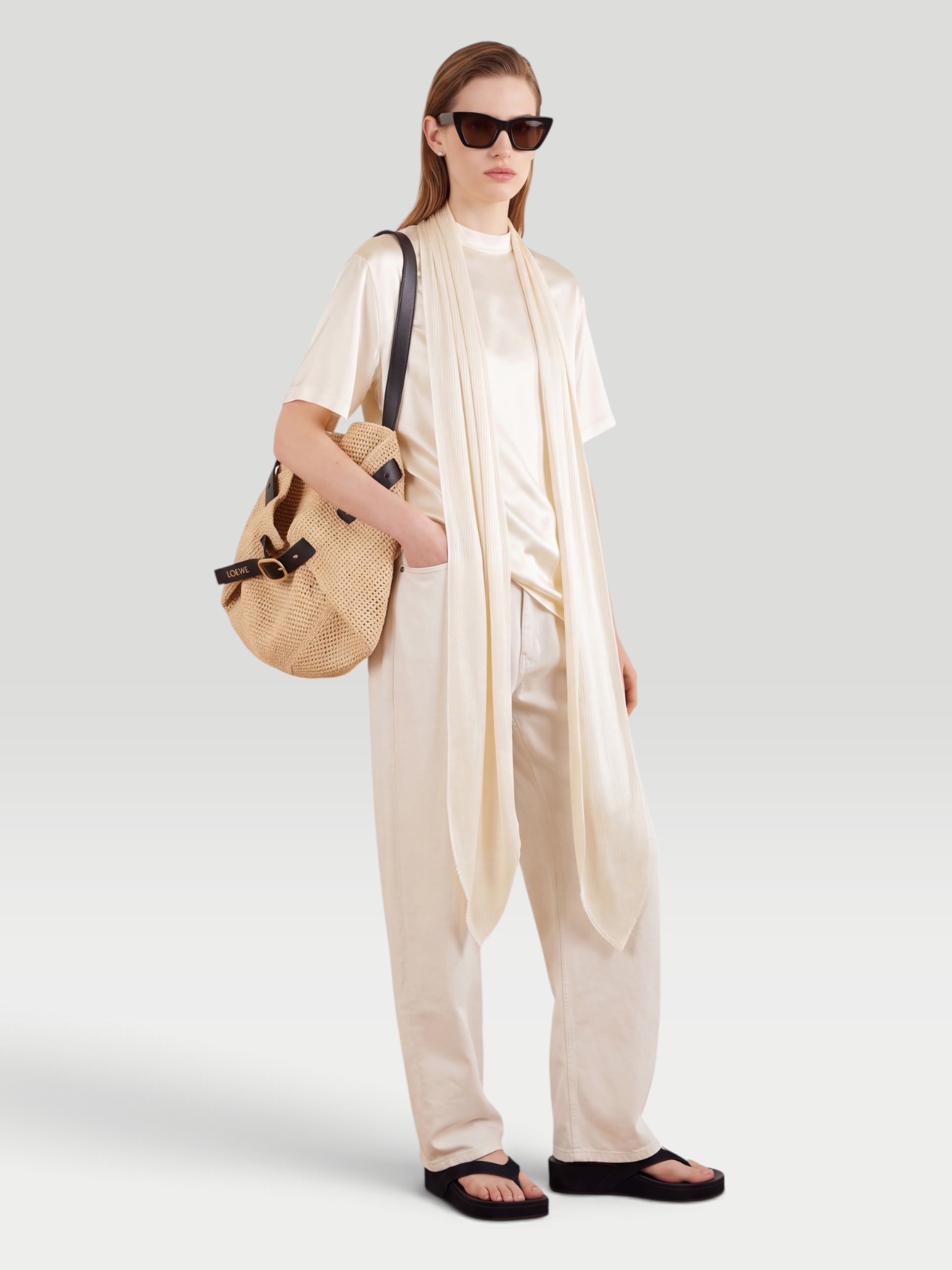 Phoebe Philo Silk-Blend Satin T-Shirt in cream. Styled by Sharon Lombardo for FDV Concierge.