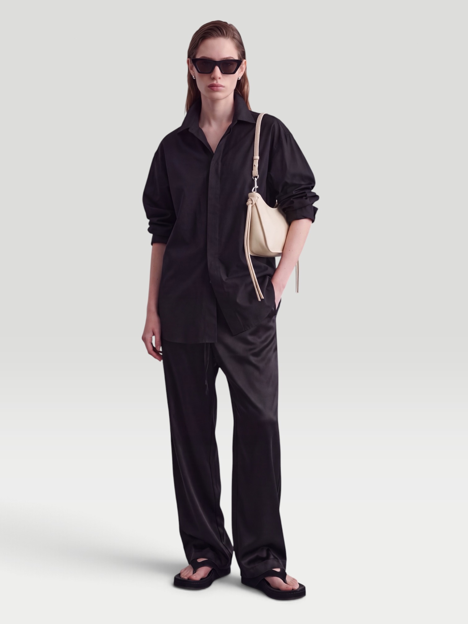 Phoebe Philo Silk Twill Wide-Leg Pants in black. Styled by Sharon Lombardo for FDV Concierge.