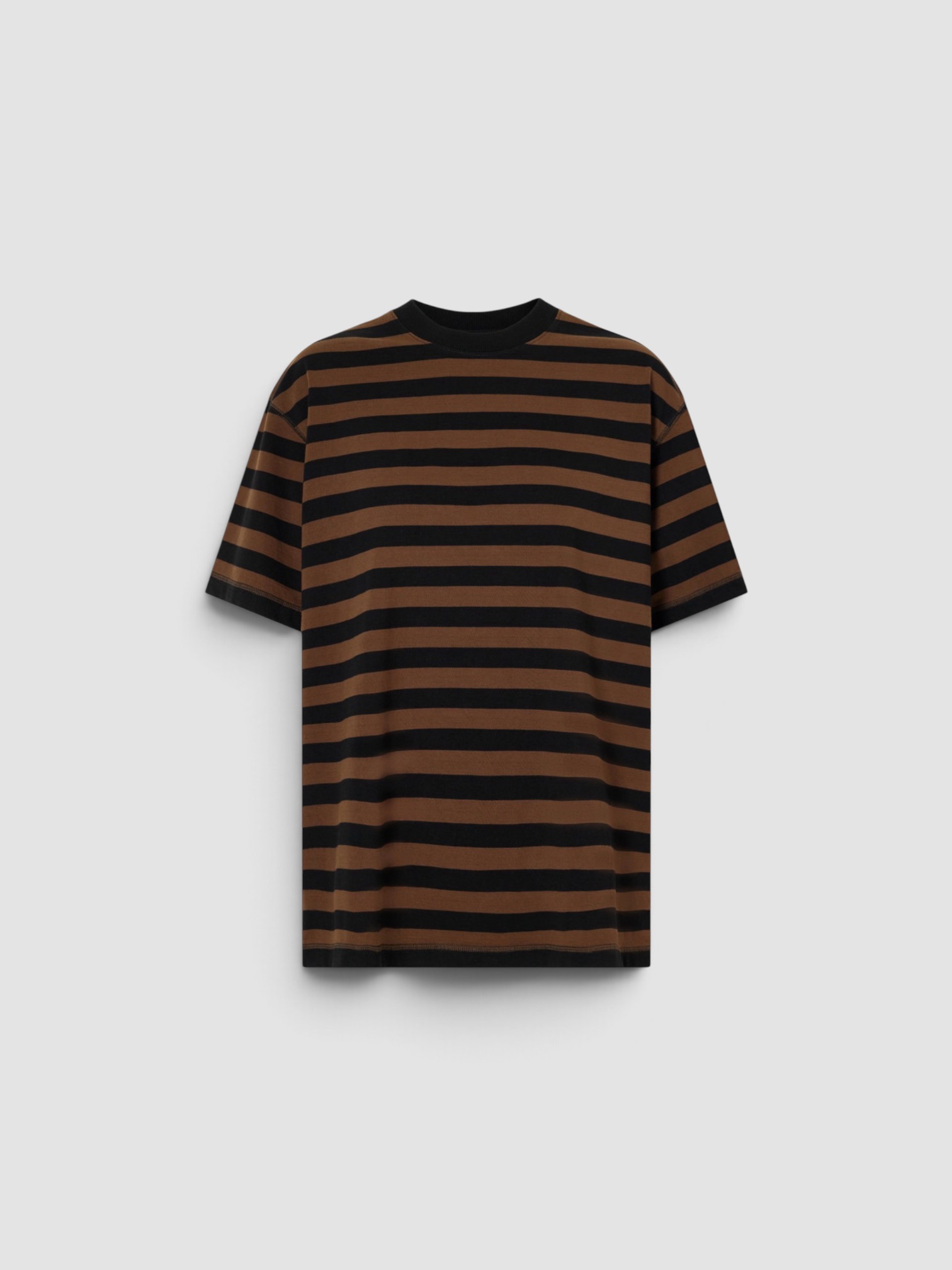 Phoebe Philo Striped Cotton-Jersey T-Shirt in brown/black, worn with Phoebe Philo Leather Wide-Leg Pants. Styled by Sharon Lombardo for FDV Concierge.