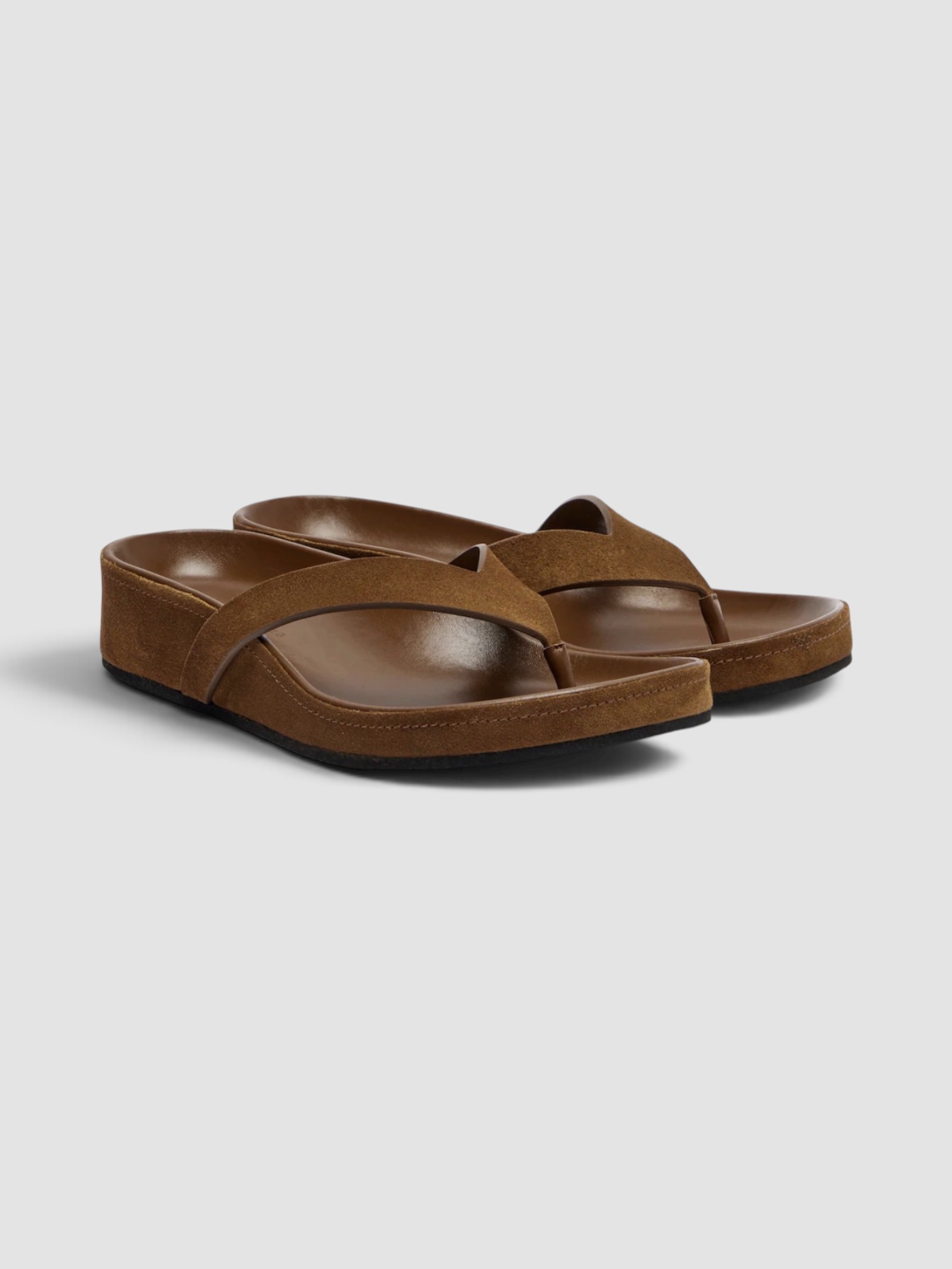 Phoebe Philo Suede Thong Sandals in brown, worn with Kallmeyer Gillian Drawstring Dress. Styled by Sharon Lombardo for FDV Concierge.