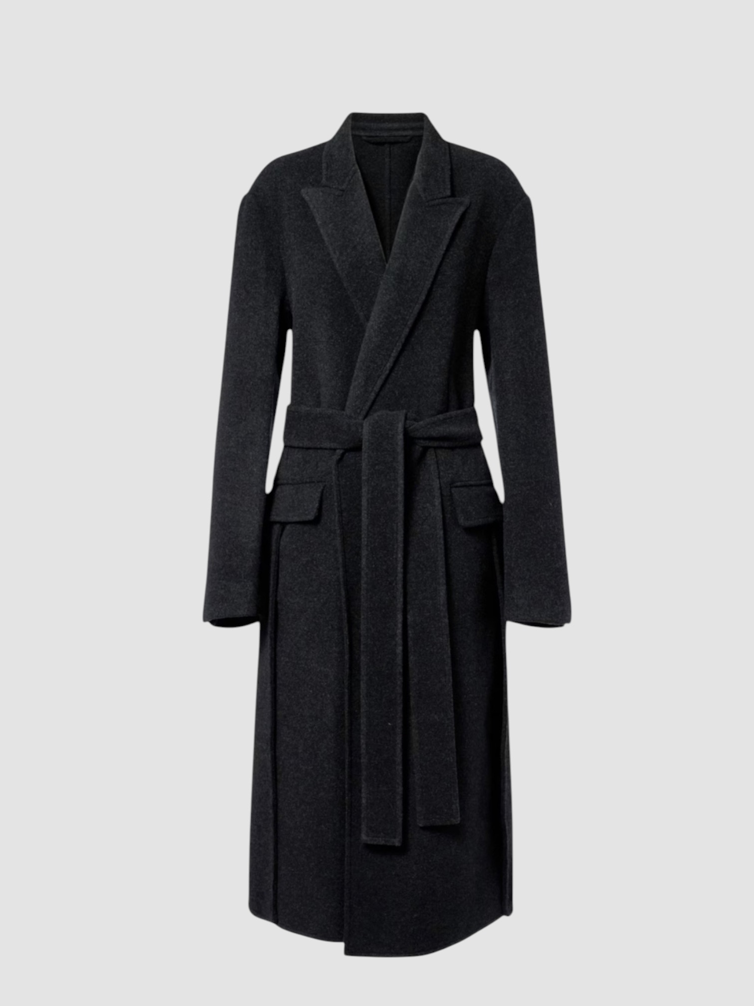 Phoebe Philo Wool Wrap Coat in anthracite, worn with Phoebe Philo Cotton Wide-Leg Pants, Phoebe Philo Gathered Ballet Flat, Phoebe Philo Peak Sunglasses. Styled by Sharon Lombardo for FDV Concierge.