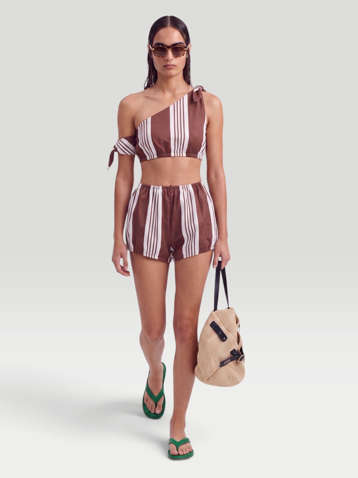 Posse Rosie Striped Cotton Tie Top in chocolate stripe. Styled by Sharon Lombardo for FDV Concierge.