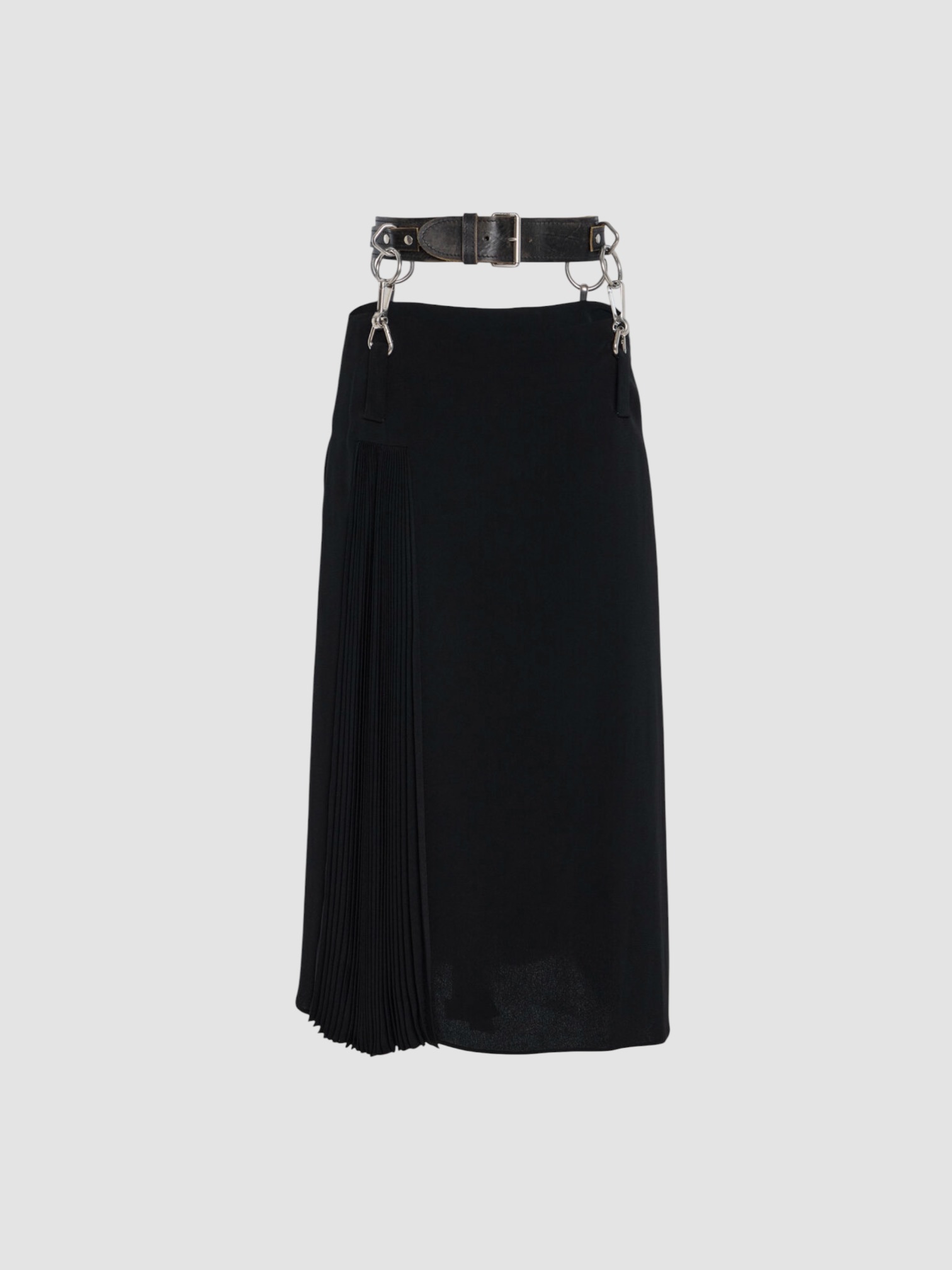 Prada Belt-Detailed Pleated Crepe-Cady Midi Skirt in black. Styled by Sharon Lombardo for FDV Concierge.
