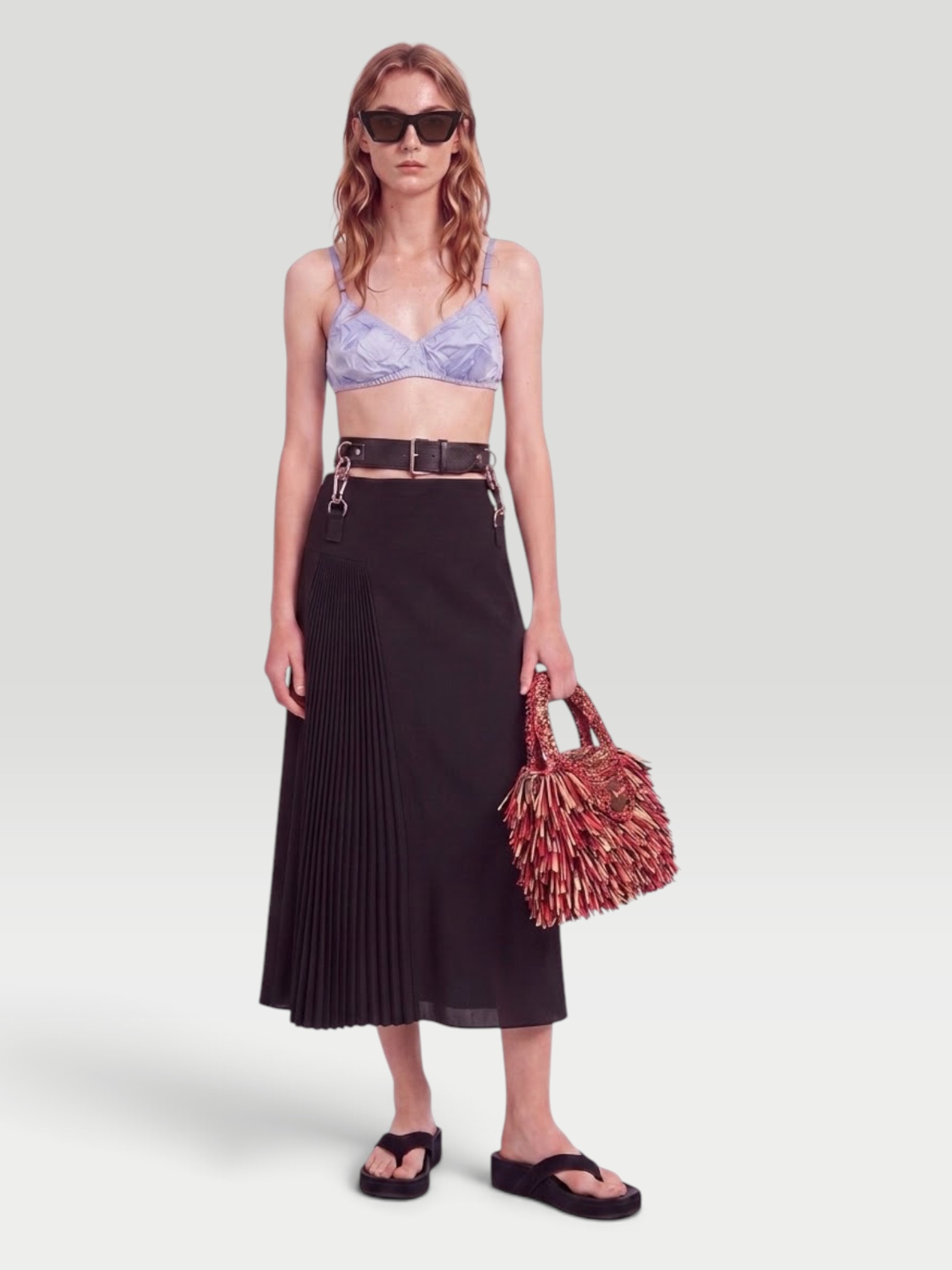 Prada Belt-Detailed Pleated Crepe-Cady Midi Skirt in black. Styled by Sharon Lombardo for FDV Concierge.
