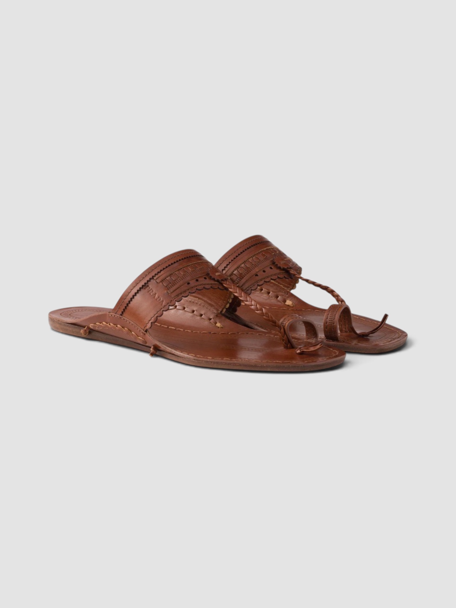 Prada Made in India Kolhapuri Leather Sandals in brandy.
