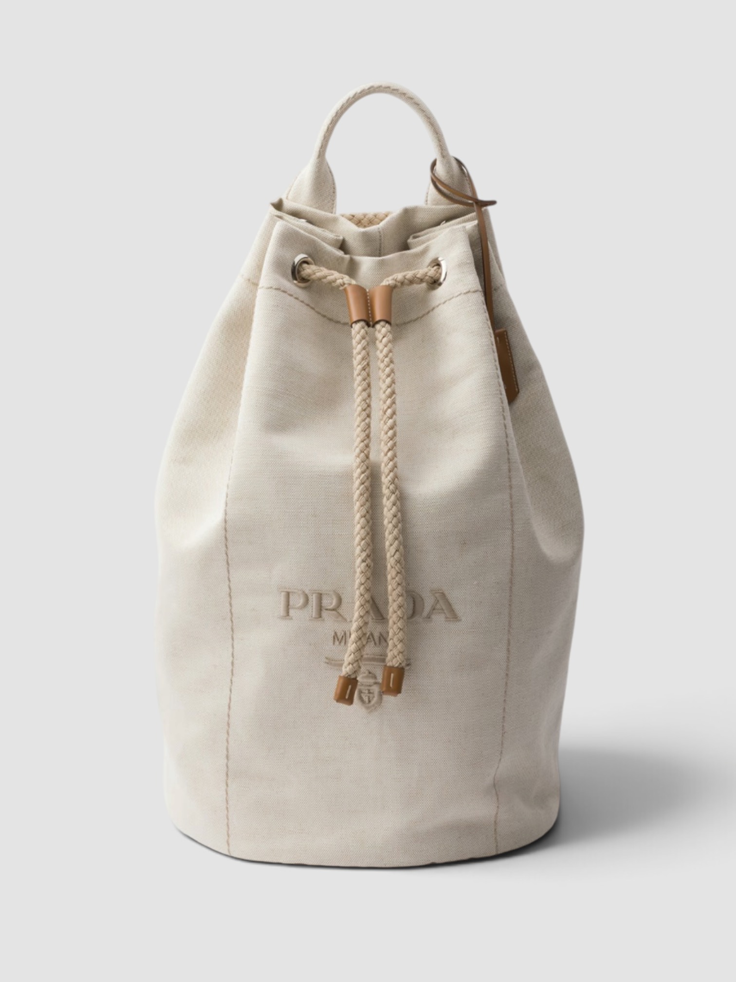 Prada Linen Blend Drawstring Duffel Bag in natural.