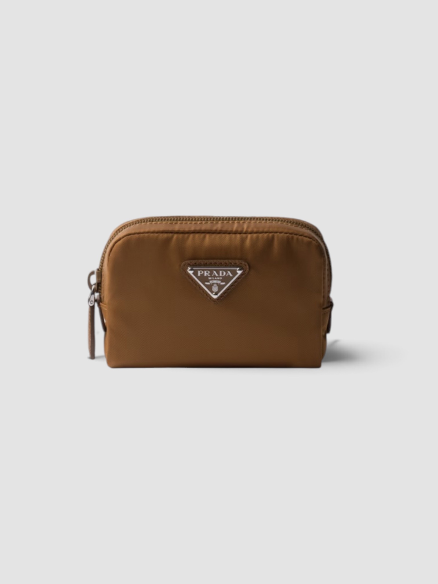 Prada Micro Re-Nylon Pouch in tan.