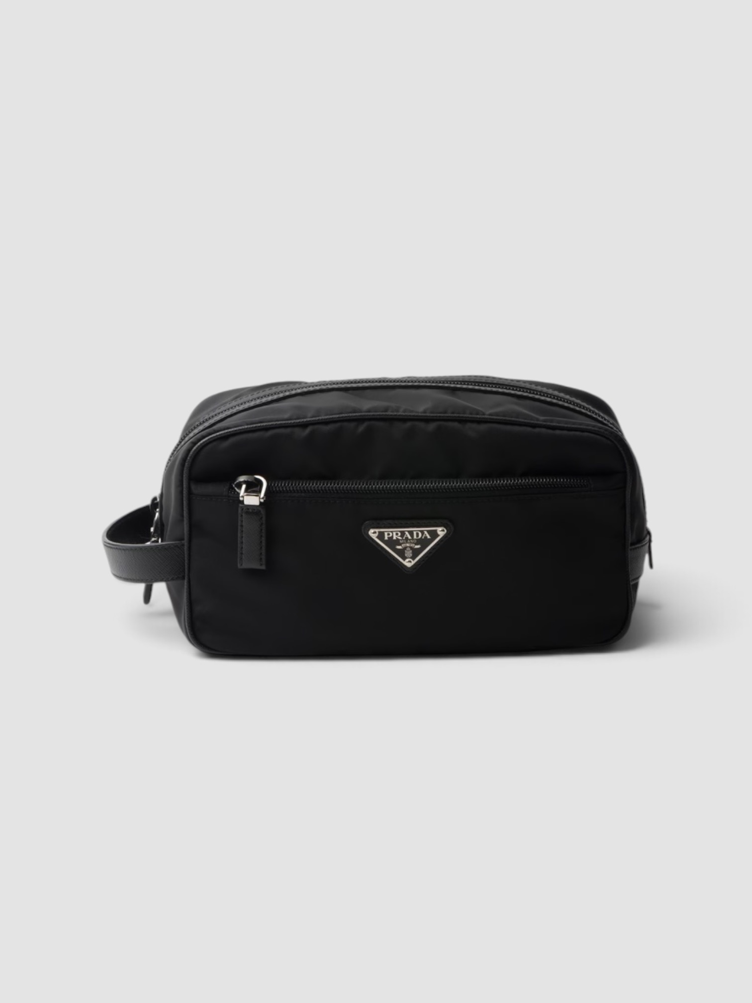 Prada Re-Nylon and Saffiano Leather Travel Pouch in black.