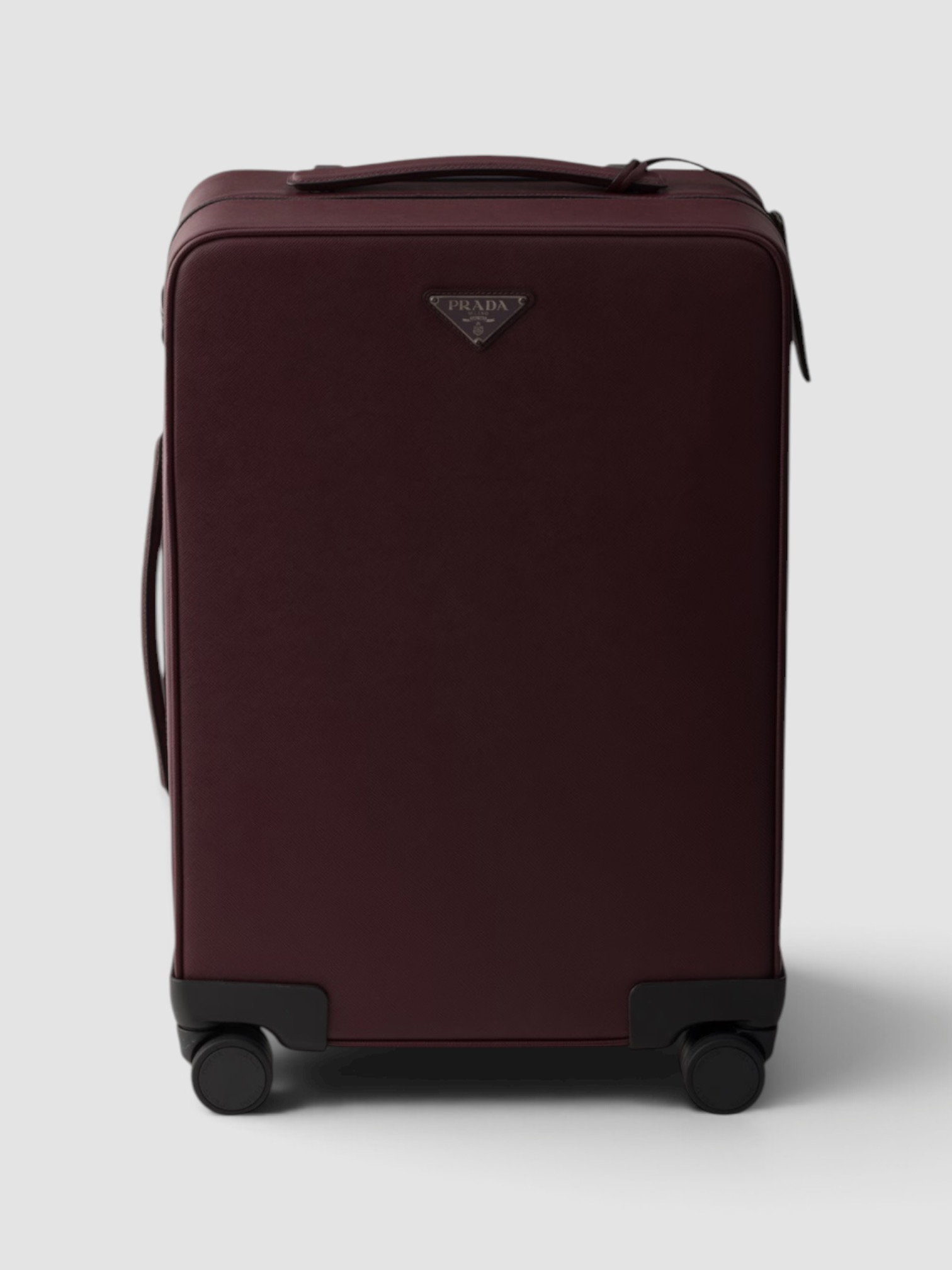 Prada Saffiano Leather Trolley in burgundy.