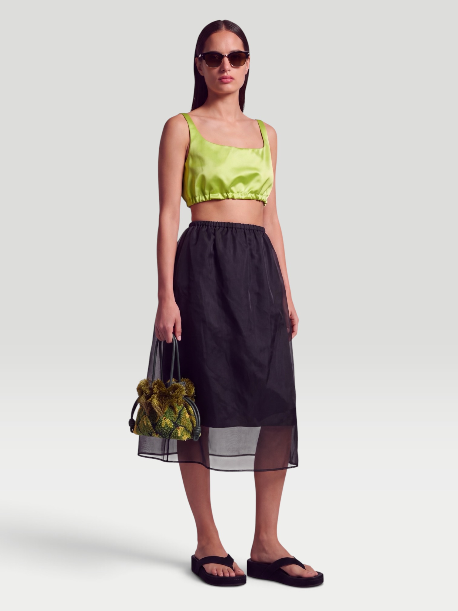 Prada Silk Duchesse Crop Top in pistacchio green. Styled by Sharon Lombardo for FDV Concierge.