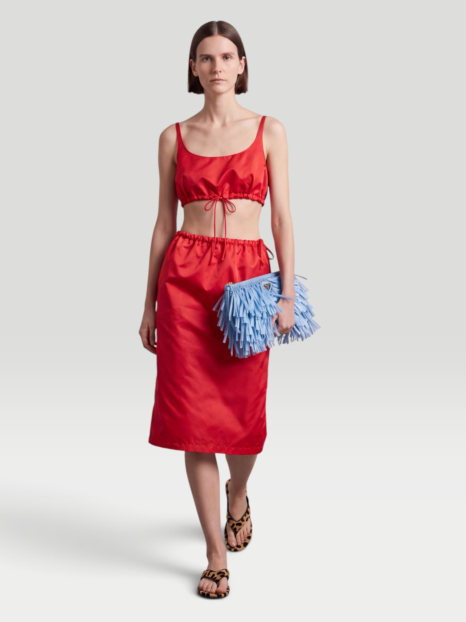 Prada Silk Duchesse Crop Top in red. Styled by Sharon Lombardo for FDV Concierge.