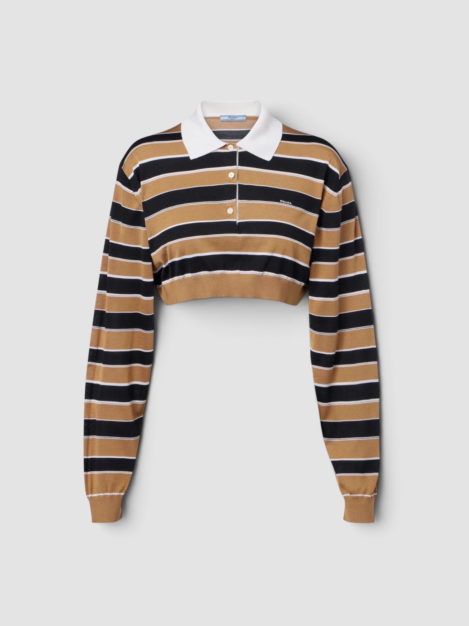Prada Striped Cropped Silk Polo Shirt in brown. Styled by Sharon Lombardo for FDV Concierge.