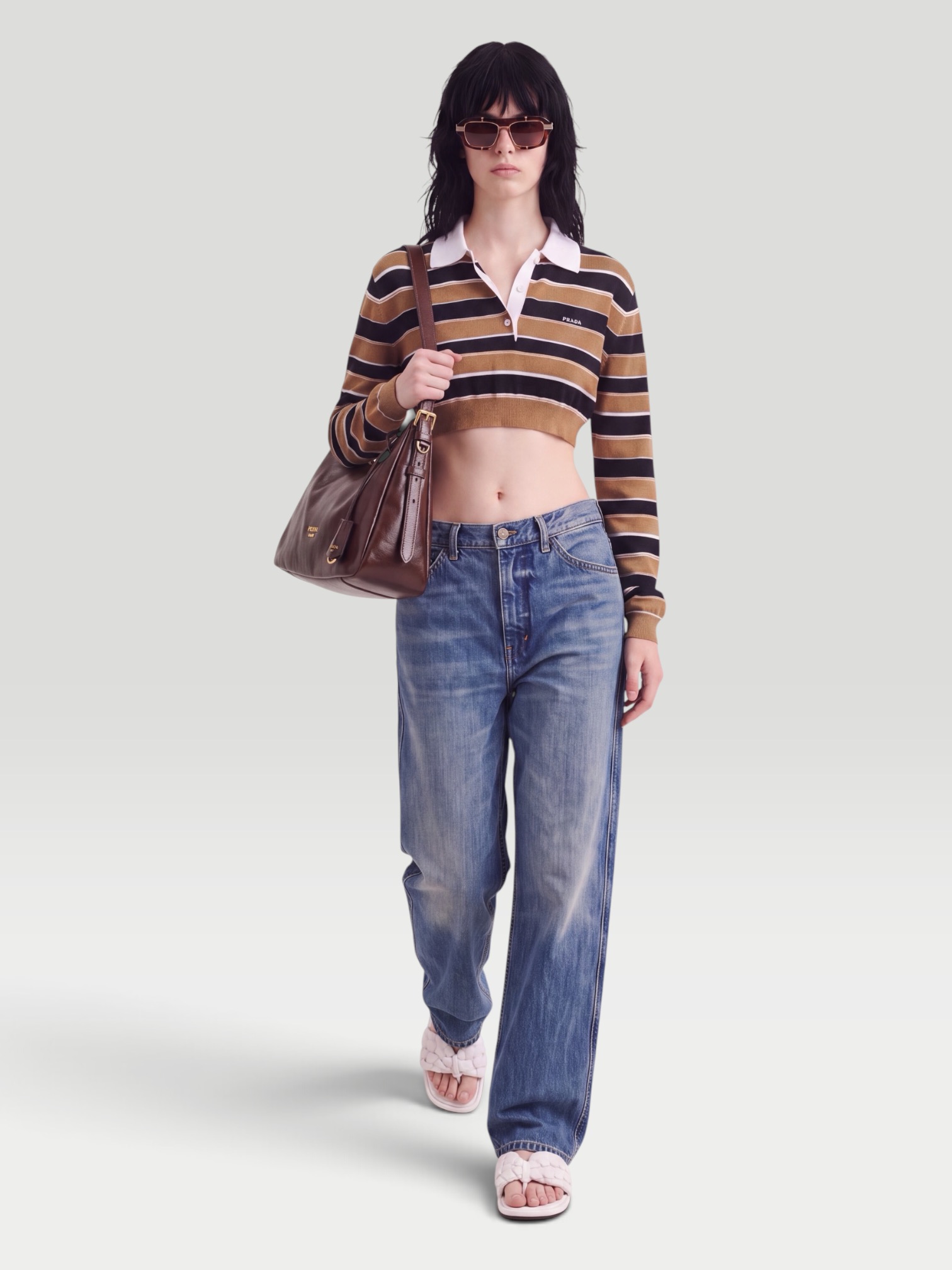 Prada Striped Cropped Silk Polo Shirt in brown. Styled by Sharon Lombardo for FDV Concierge.