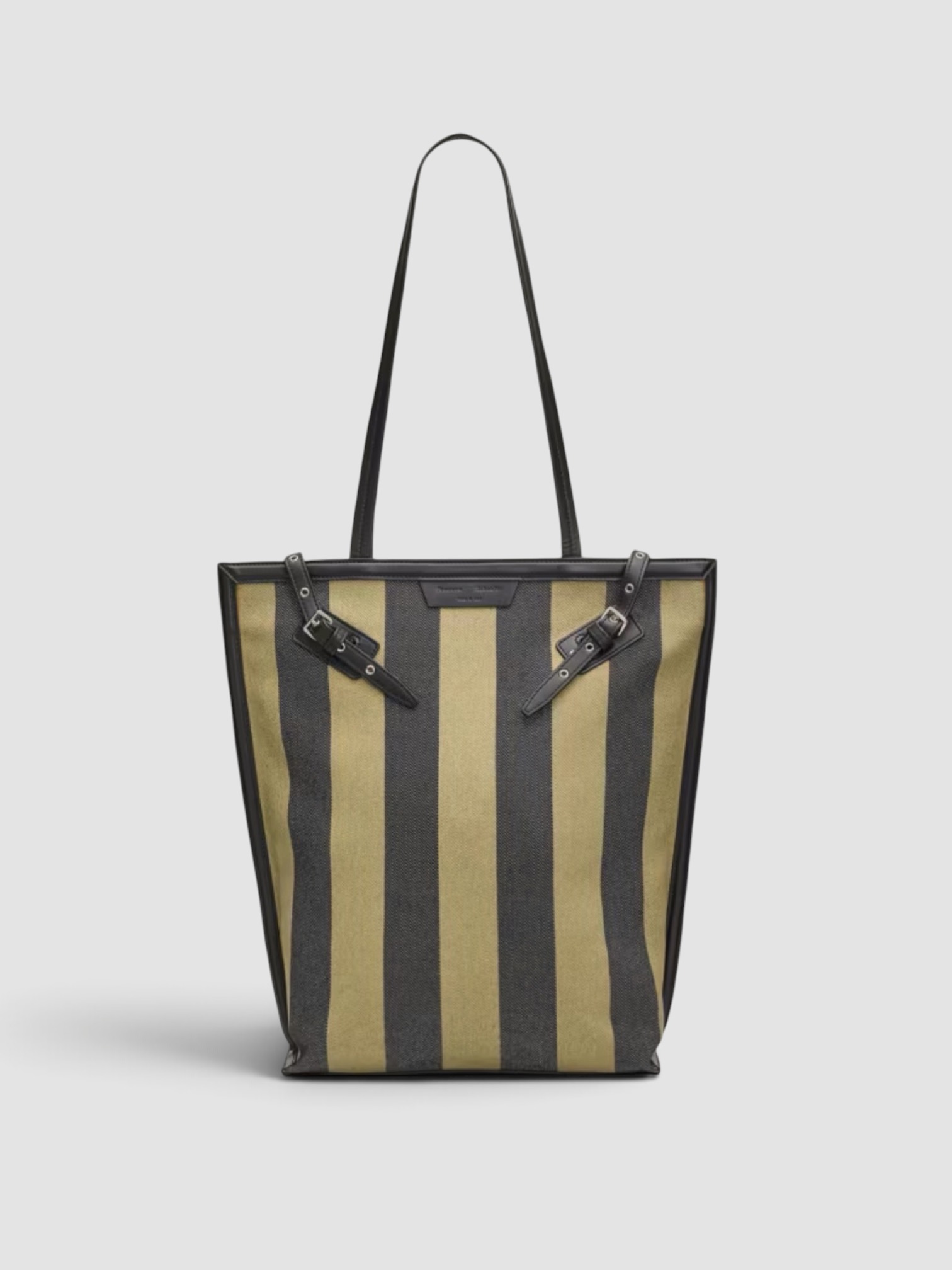 Proenza Schouler Striped Canvas North-South Tote Bag in moss/black, worn with St. Agni Relaxed Tee Dress. Styled by Sharon Lombardo for FDV Concierge.