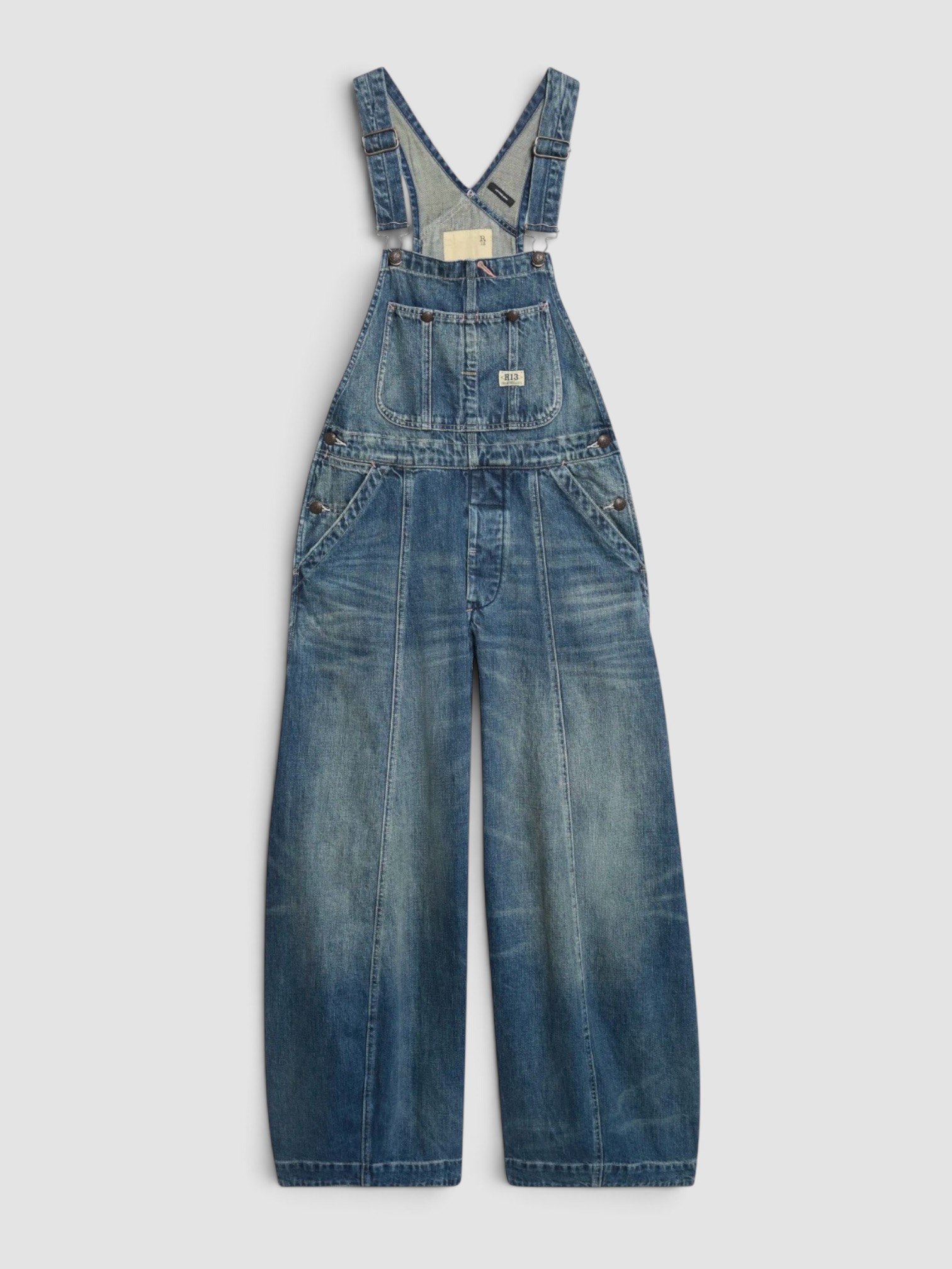 R13 Siouxsie Overall in bedford indigo, worn with Christen Edge Lizard-Effect Leather Flip Flops, Phoebe Philo Small Stud Gig Leather Shoulder Bag, Dries Van Noten Oval Sunglasses, RÙADH The Holt Oversized Organic Cotton-Jersey T-Shirt, walking the city. Styled by Sharon Lombardo for FDV Concierge.
