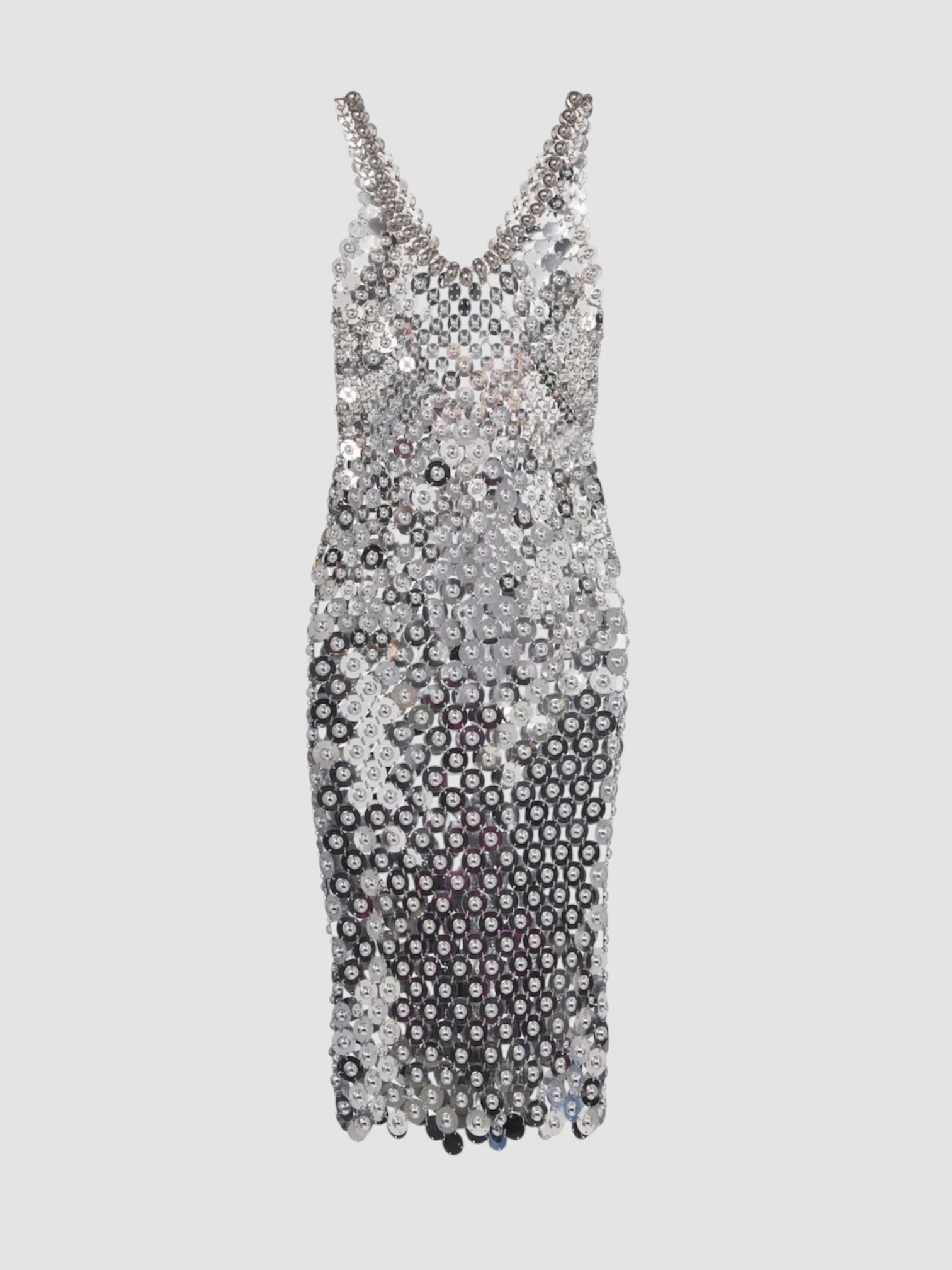 Rabanne Chainmail Embellished Cocktail Dress in silver, worn with Dries Van Noten Scarf Bag. Styled by Sharon Lombardo for FDV Concierge.