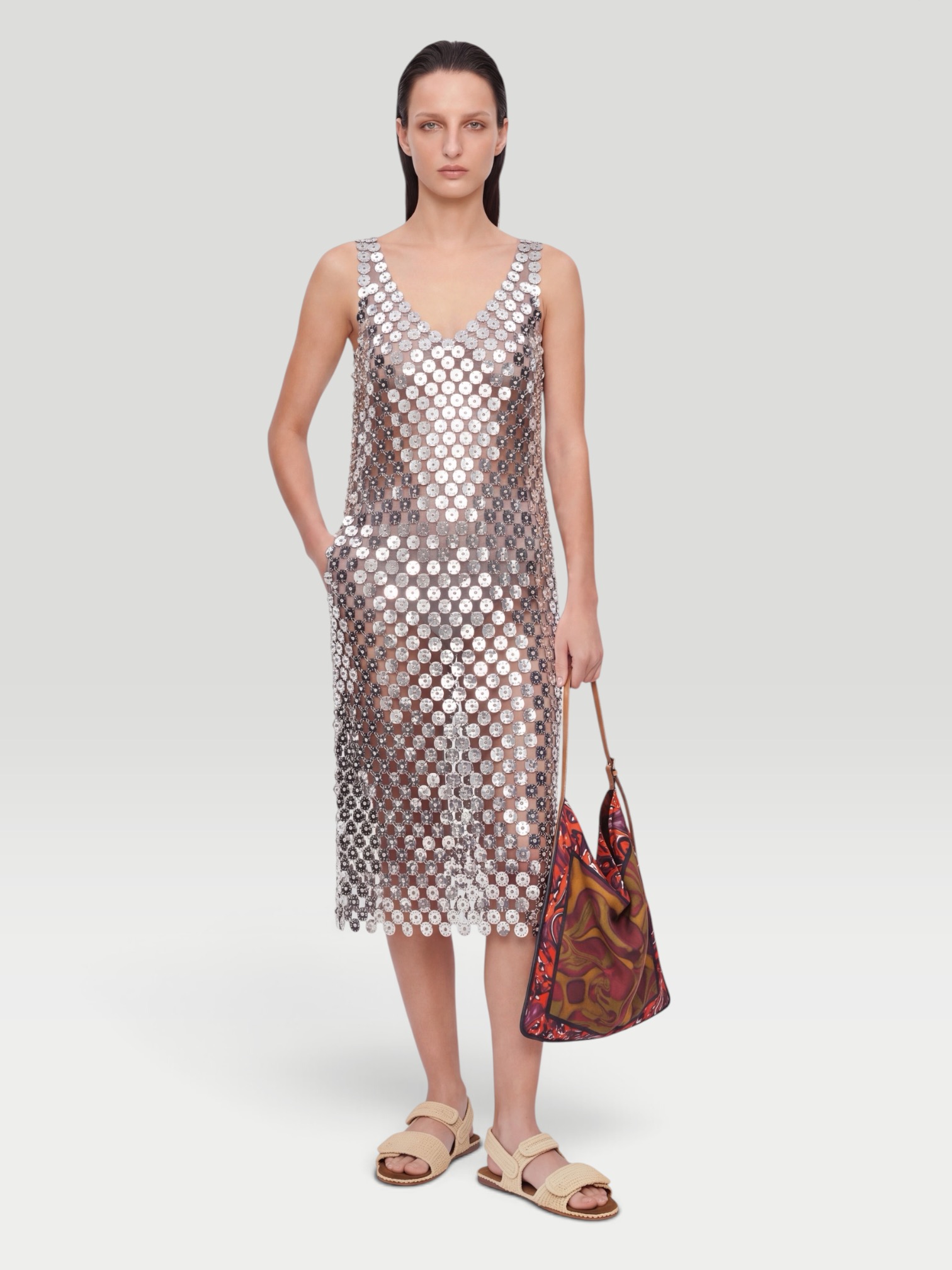 Rabanne Chainmail Embellished Cocktail Dress in silver, worn with Dries Van Noten Scarf Bag. Styled by Sharon Lombardo for FDV Concierge.