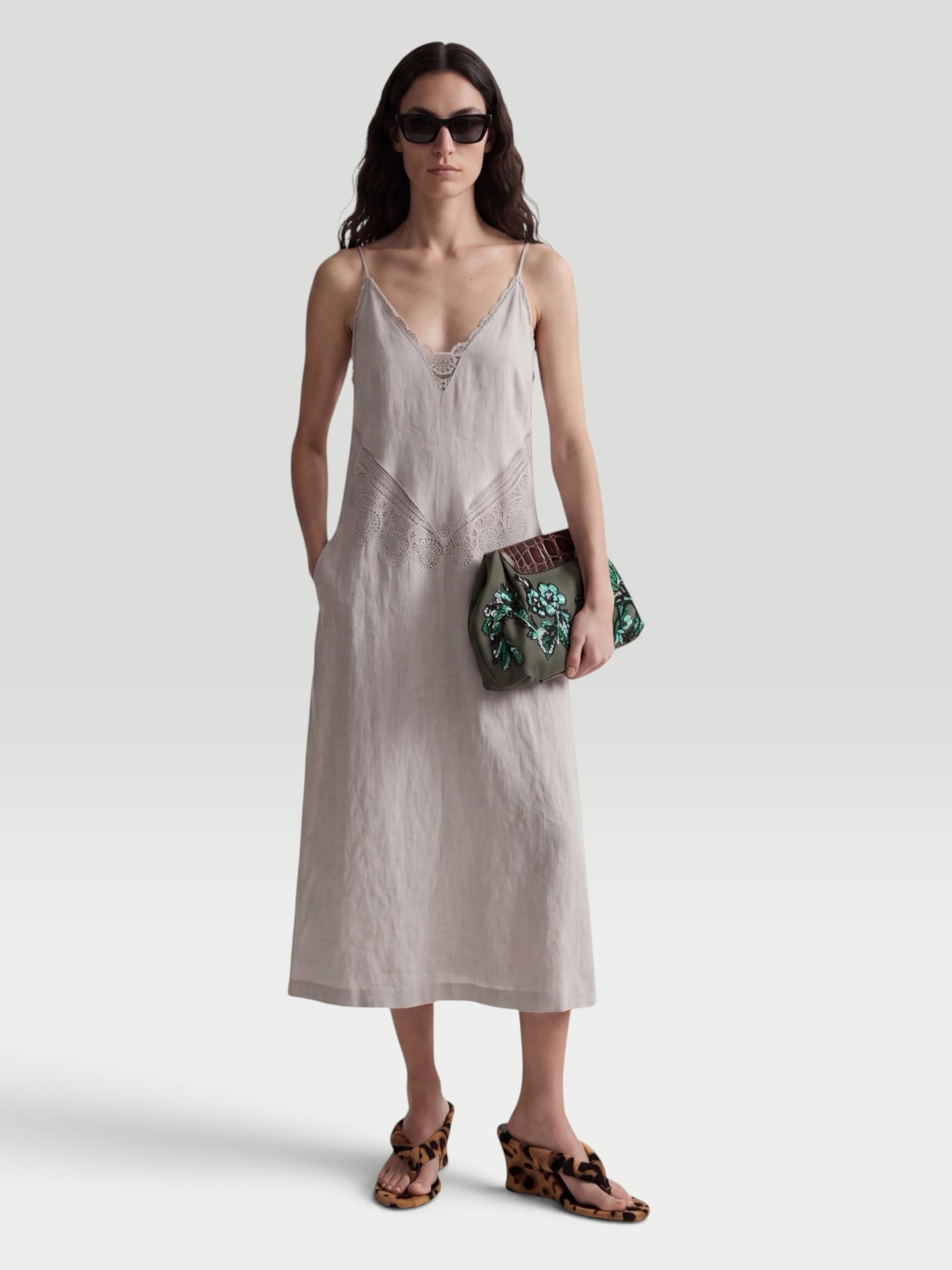 Rachel Comey Elmore Dress in blush, worn with Phoebe Philo Suede Thong Sandals. Styled by Sharon Lombardo for FDV Concierge.