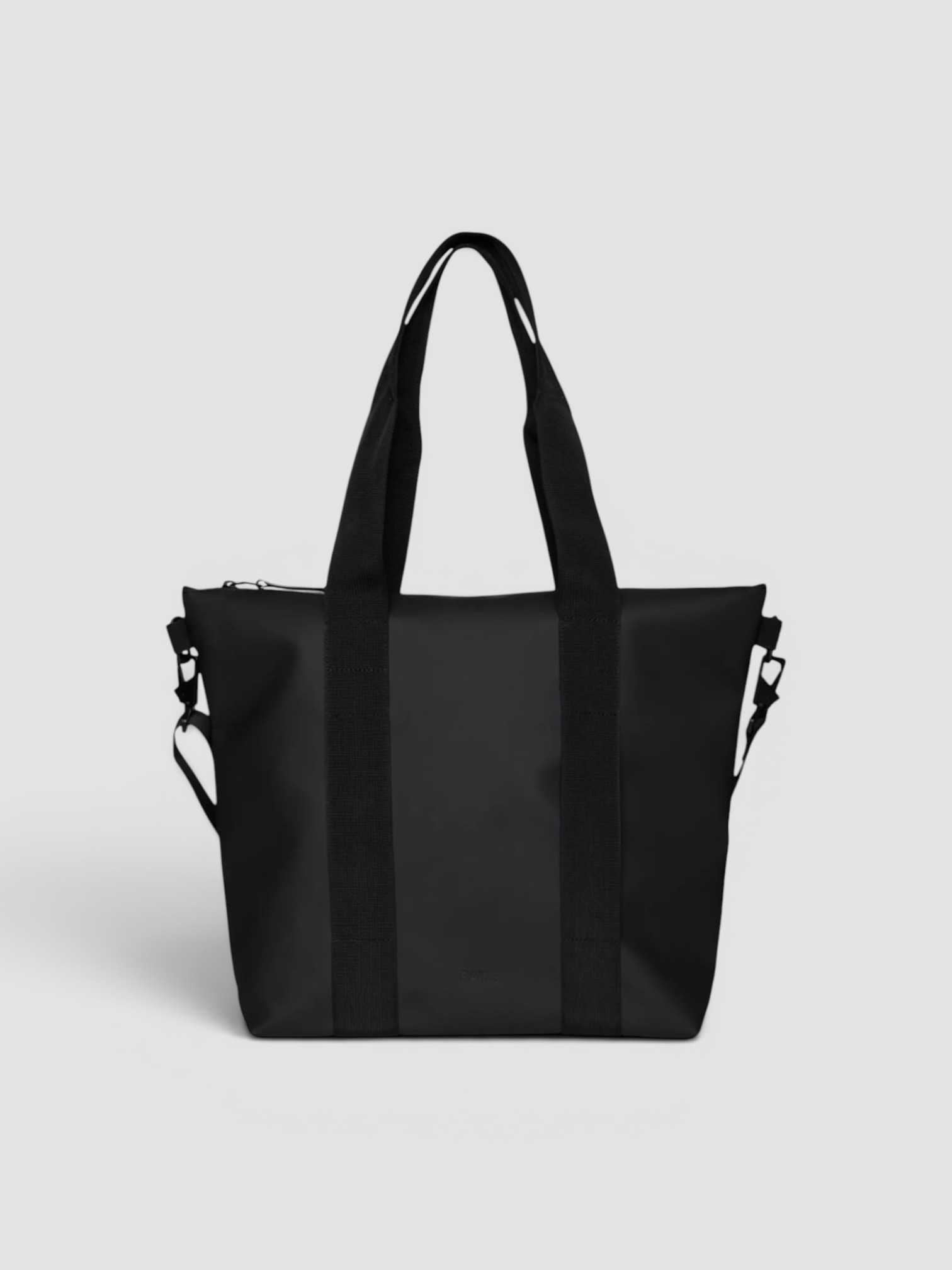 Rains Brand-Tab Coated-Shell Tote Bag in black.
