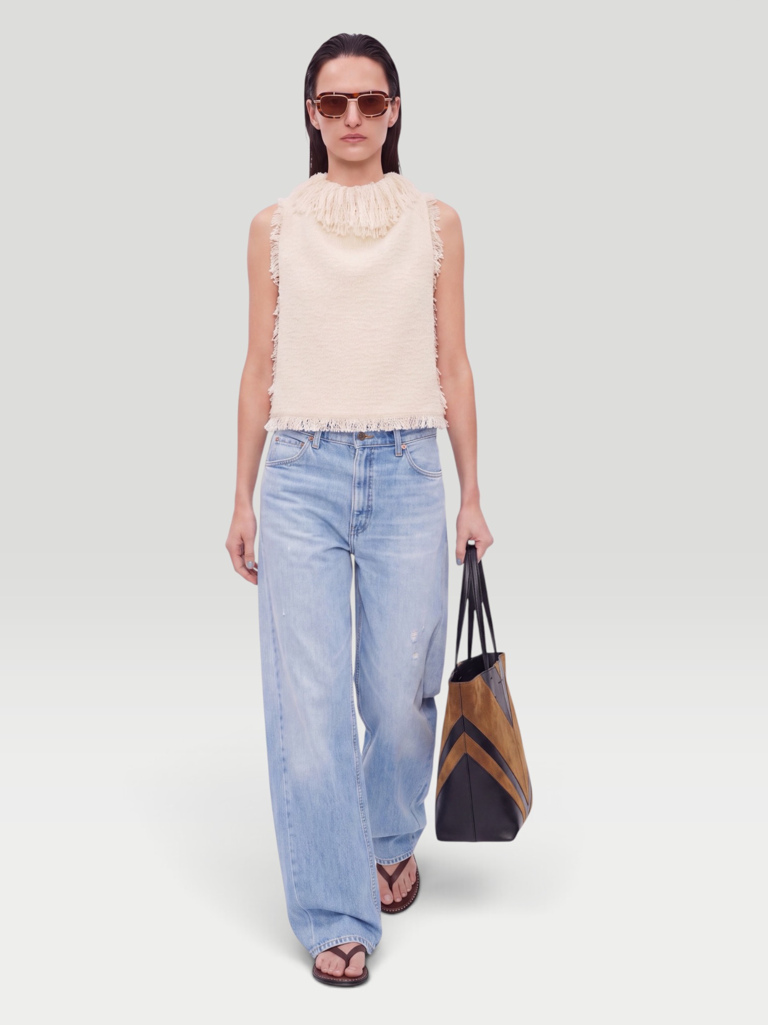 Róhe Fringed Bouclé Top in cream. Styled by Sharon Lombardo for FDV Concierge.