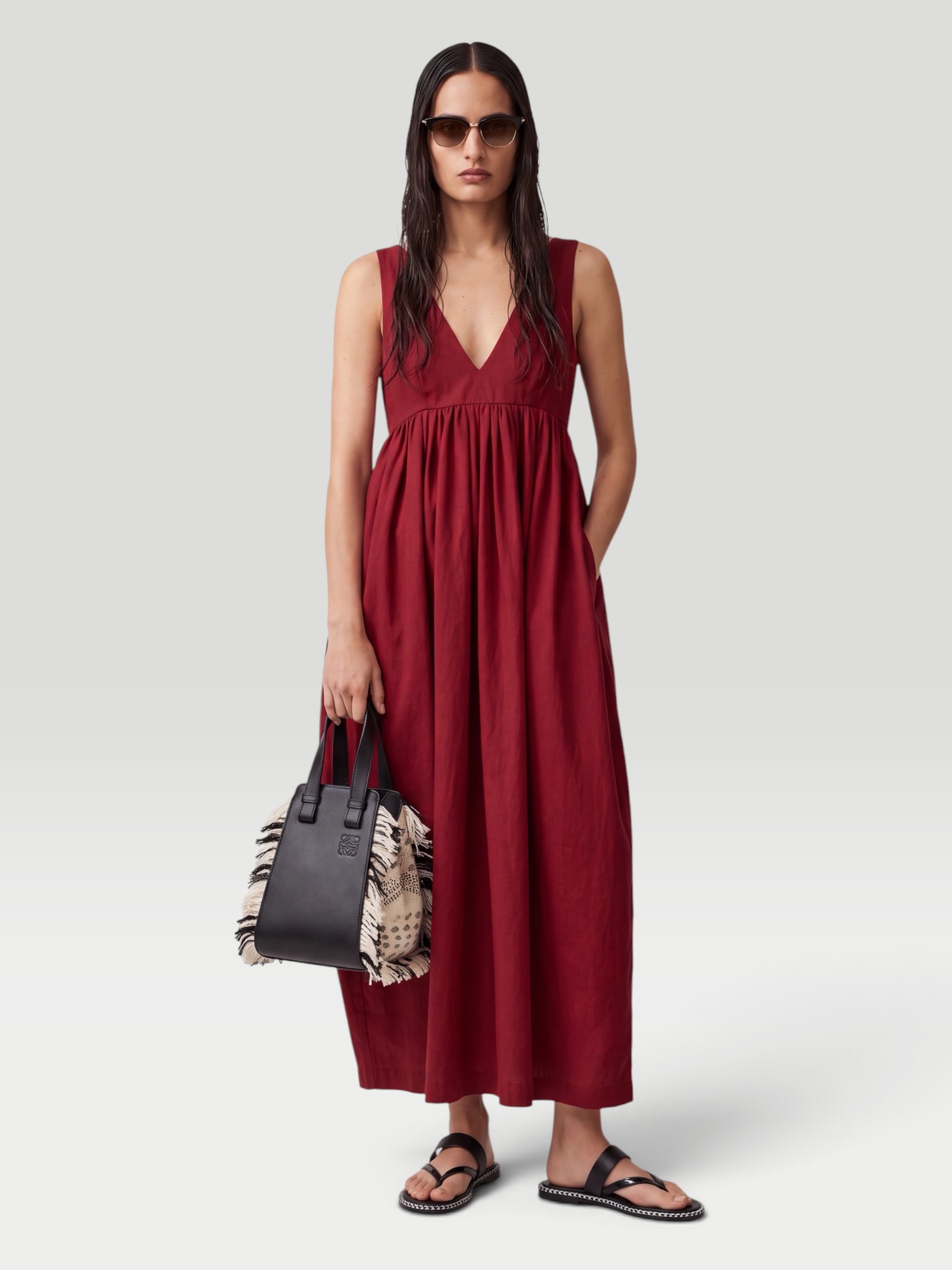 Róhe Woven Midi Dress in red. Styled by Sharon Lombardo for FDV Concierge.