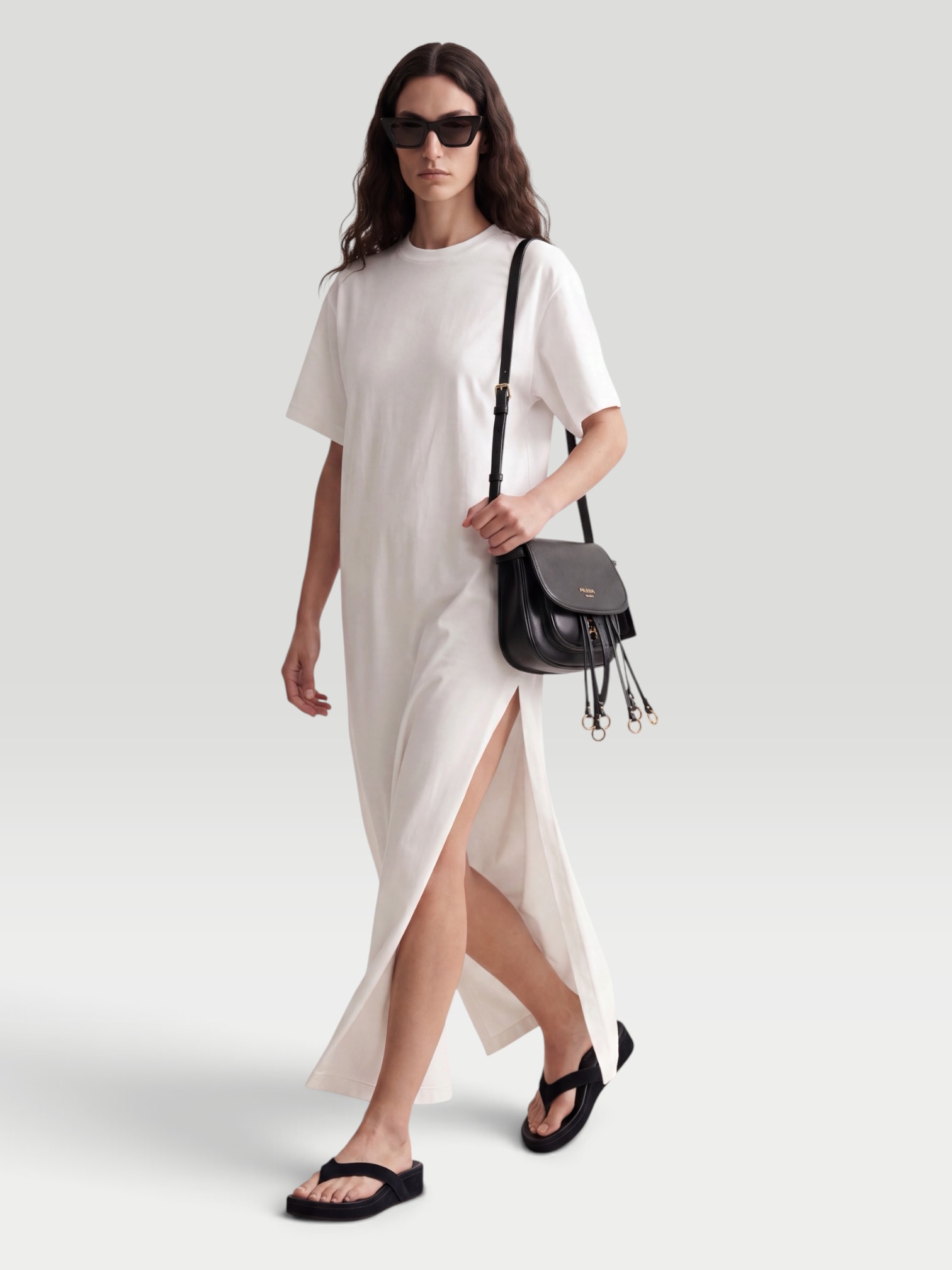RÙADH Braun Embroidered Organic Cotton-Jersey Maxi Dress in white. Styled by Sharon Lombardo for FDV Concierge.