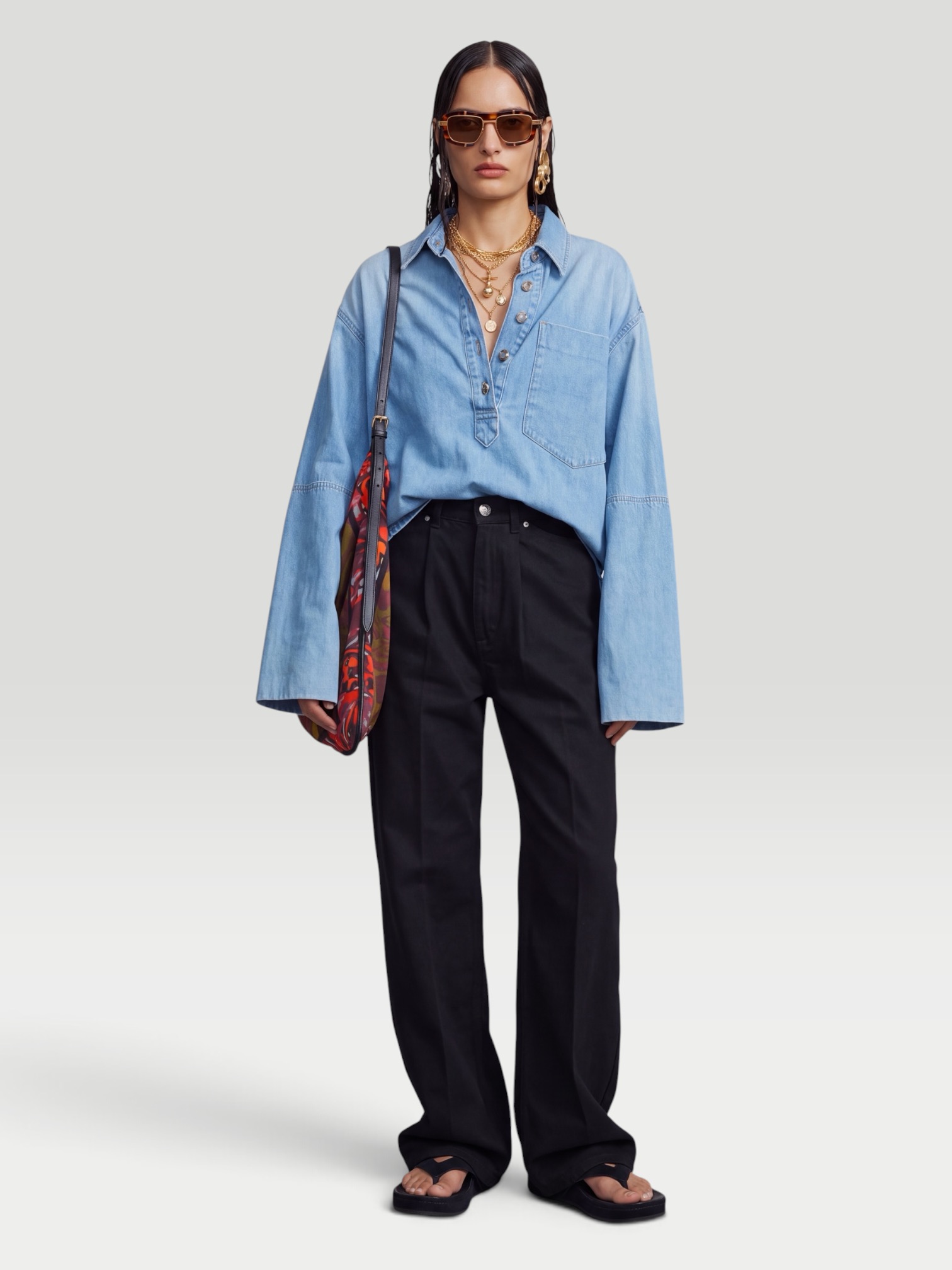 RÙADH The Finlay Popover Shirt in blue denim. Styled by Sharon Lombardo for FDV Concierge.