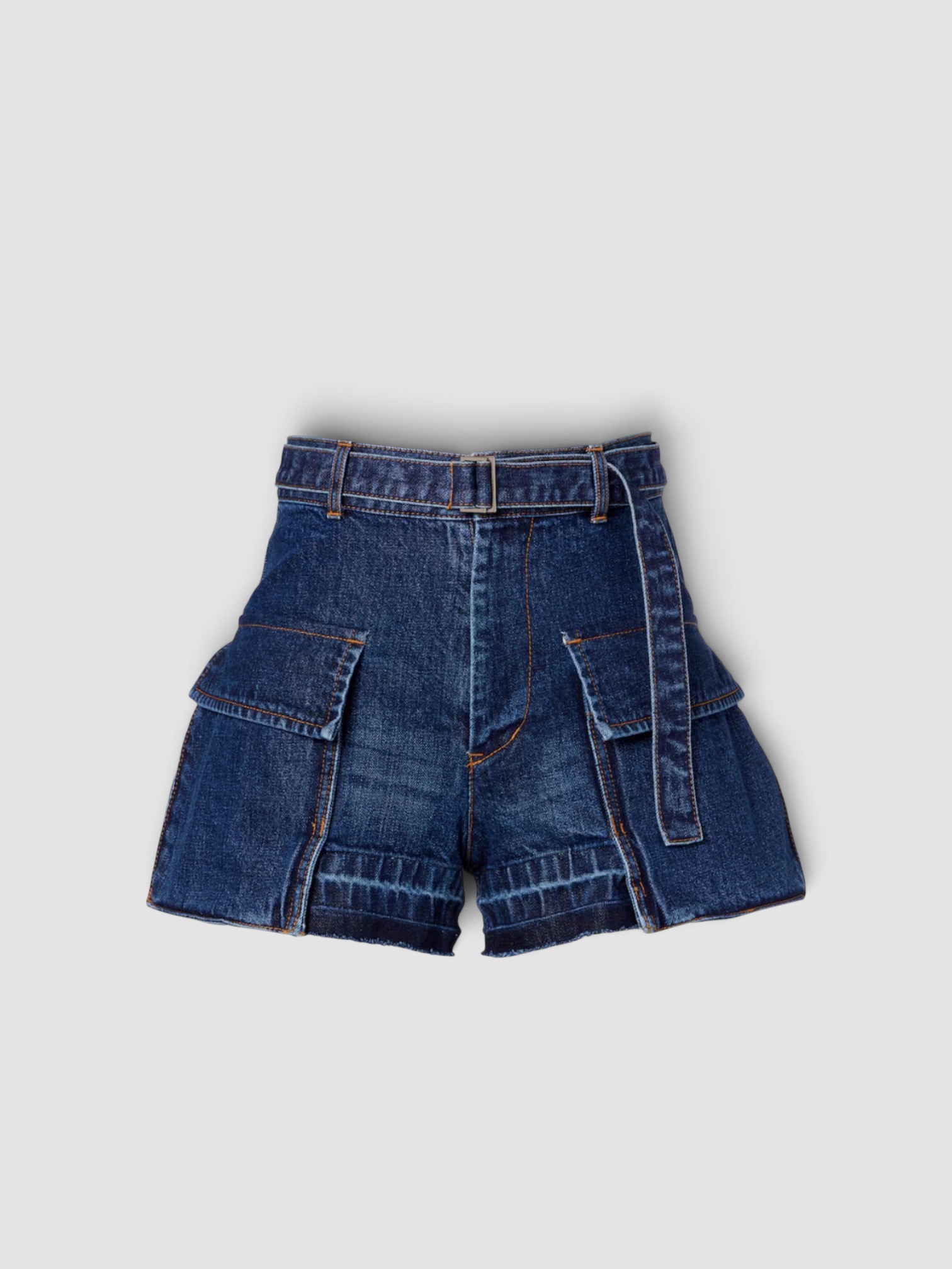 Sacai Belted Denim Shorts in blue. Styled by Sharon Lombardo for FDV Concierge.