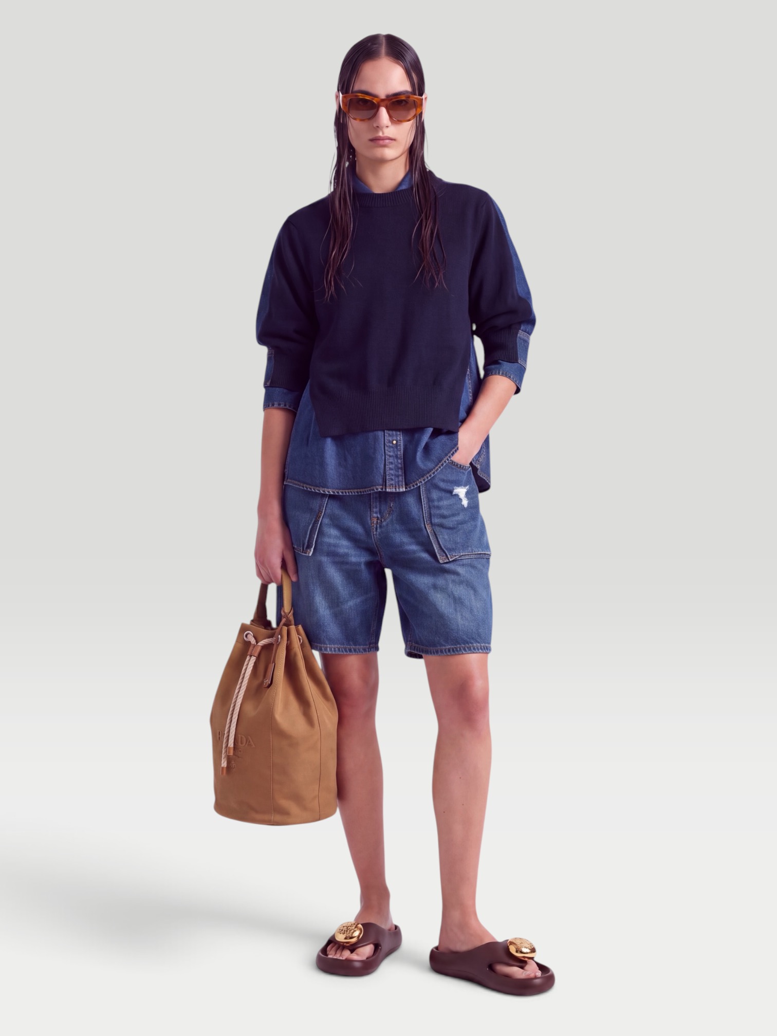 Sacai Belted Denim Shorts in blue. Styled by Sharon Lombardo for FDV Concierge.