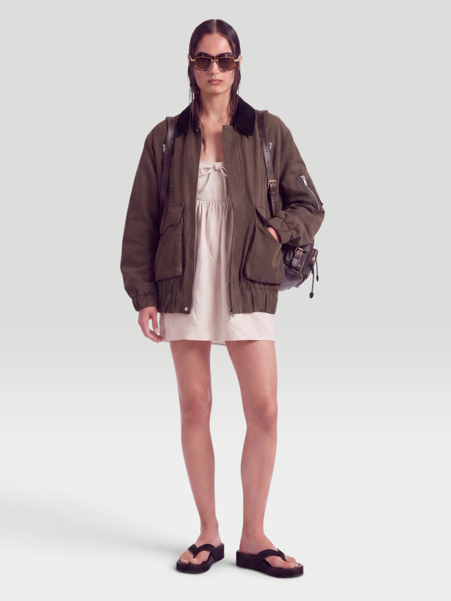 Sacai Cotton-Blend Shell Jacket in brown. Styled by Sharon Lombardo for FDV Concierge.